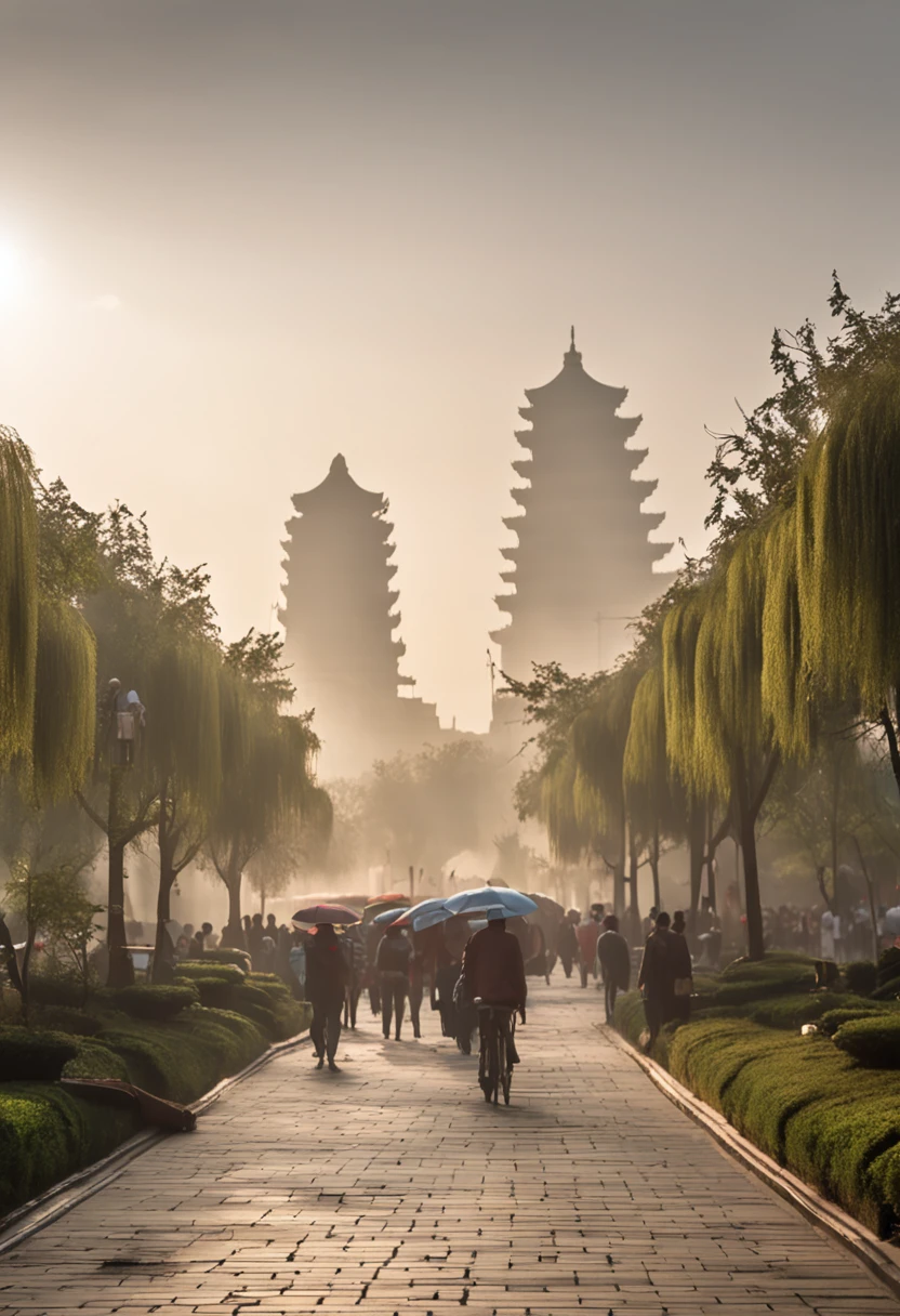" Beautiful Luxurious city center in Beijing surrounded by a large park in the evening and with temples. The evening scene crowded with vegetation and details, chemin infiniment longue avec plusieurs ponts suspendus et pars. Misty atmosphere in the foreground in the street, des nuages fabuleux et duveteux. Several tourists walk in the background. Wet soil with blurred blurred reflection and movement. Camera seen from ground level, Real colors, Realistic style, 8k, Wide full-plane camera angle, Ultra detailded, High definition photography, Masterpiece, effet de bokeh, realistic depth of field Focal length 1/8 avec 35 mm. Ambience, atmosphere, rayons de soleil, luxuriant, detailed realistic lighting, volumettic light, golden hour. . "