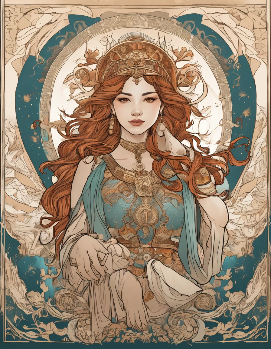 (hoang lap、high high quality、ultra detailed to hand),Zodiac sign- Aries goddess,Similar to Latin goodness,bravery,willful,Productive,The face of enterprising and humanitarianism,sunset reddish hair,Ancient Greek costumes、See-through dresses,The background is the ocean,Crystal green eyes(Eyes detailed),Powerful power appearance