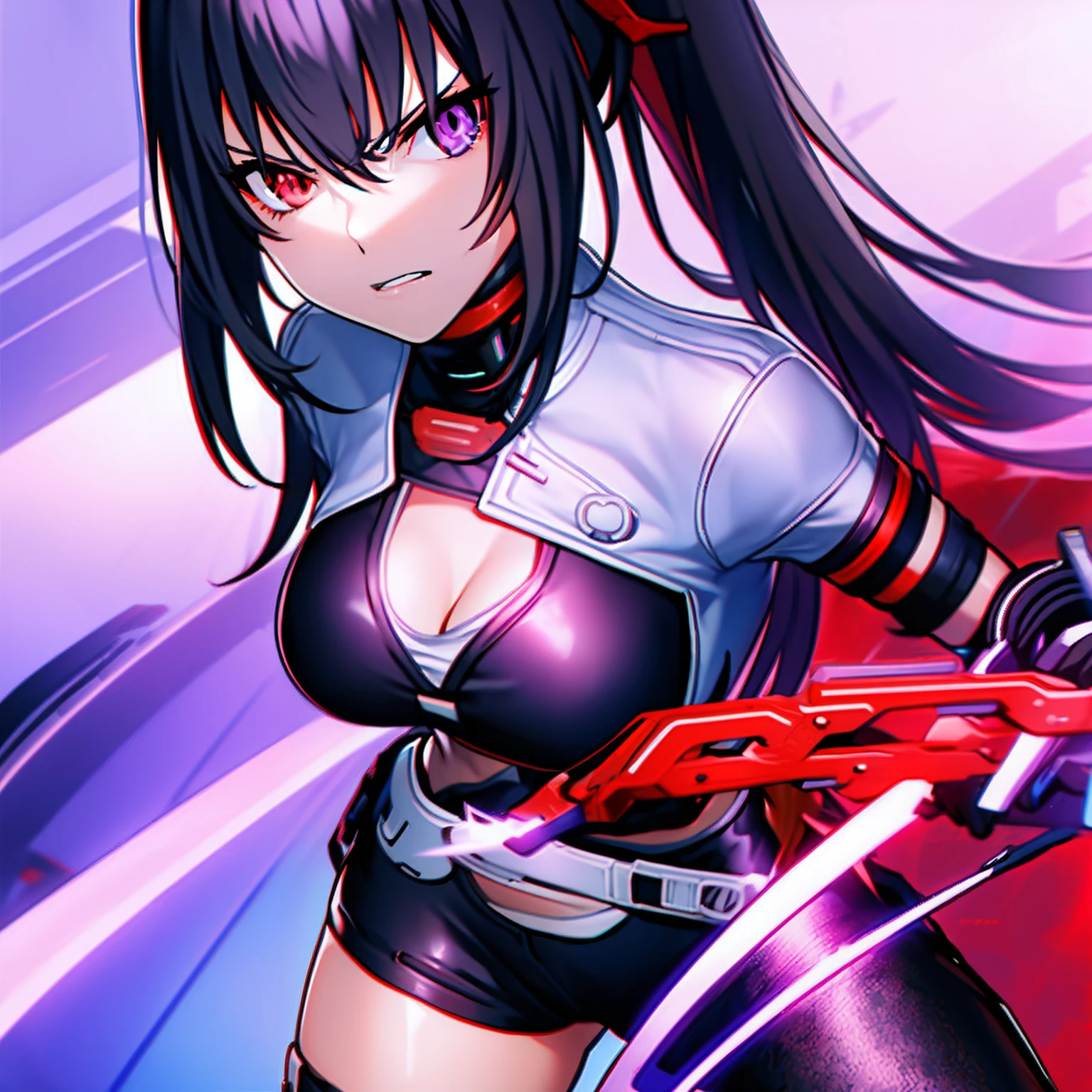 anime girl with black hair and purple eyes holding a sword, cyborg - girl with black hair, wear mask, sci fi, angry, evil