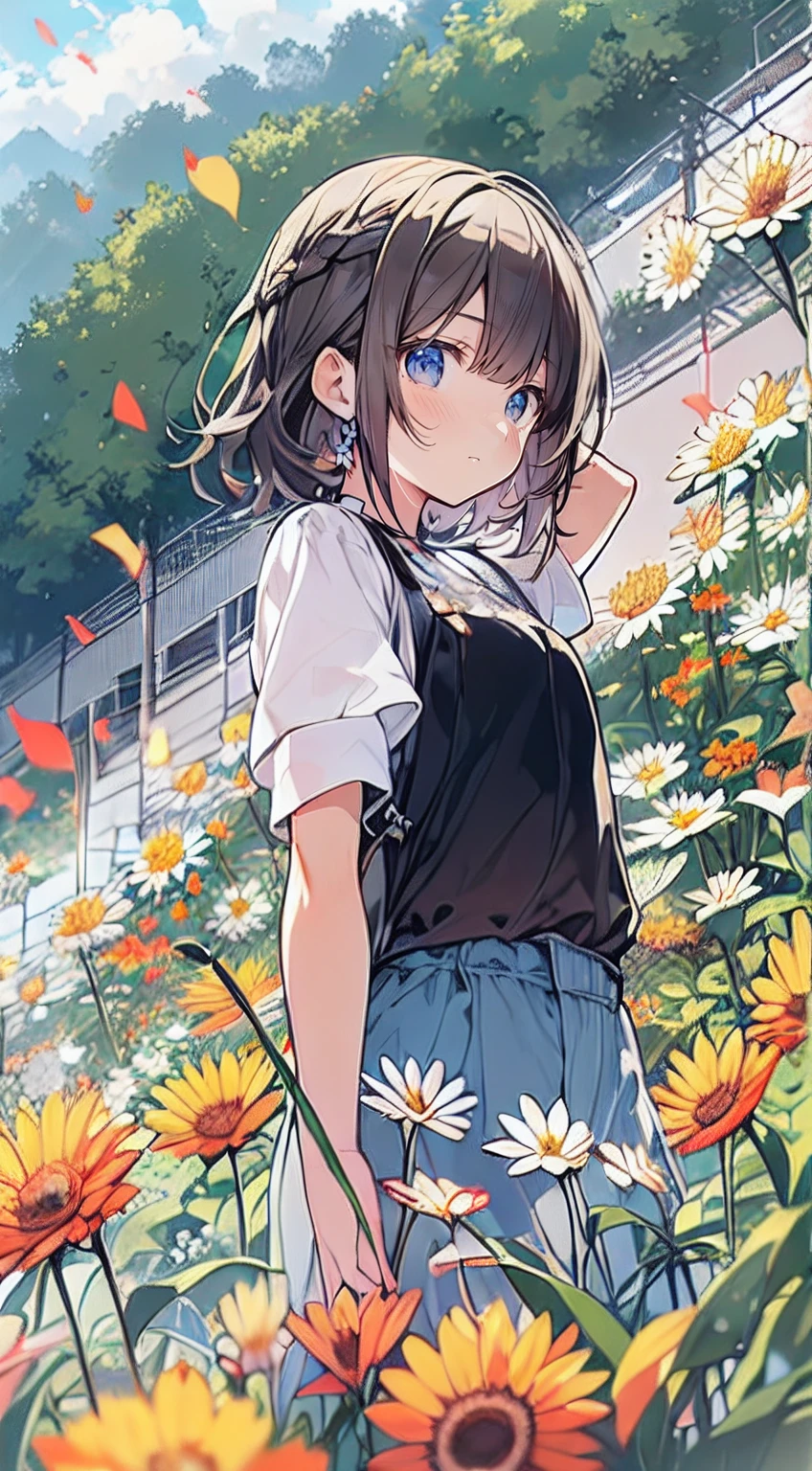 masutepiece, Best Quality,Illustration, Wallpaper, Ultra Detail, Absurd beauty、1 beautiful girl、 (Medium Short-Cut Hair、short braided hair), Beautiful ultra-detailed eyes , Hair fluttering in the wind、Keep your head small、flower  field、great outdoors、Landscape of the flower garden