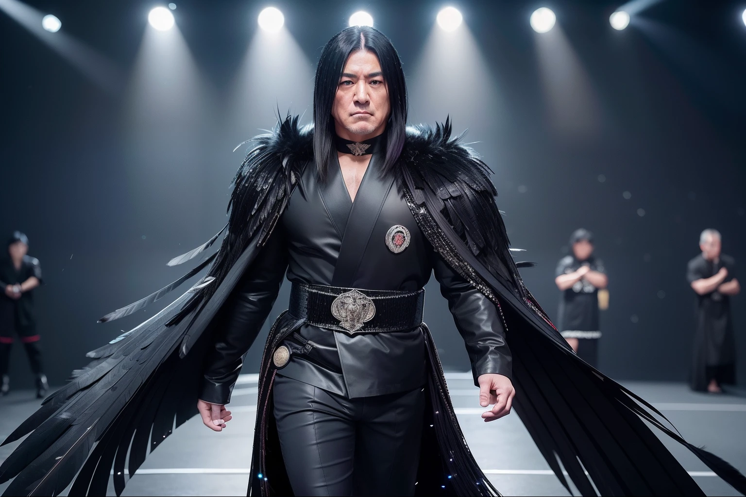 Konosuke Takeshita Male japanese wrestler wearing long black coat with black feathers and black sequin on the front, shiny and dramatic robe, epic robe, lots of raven feathers down the front with spiral pattern, rick flair style robe, long black hair, photo realistic, walking out of AEW Wrestling entrance, entrance with stage lights