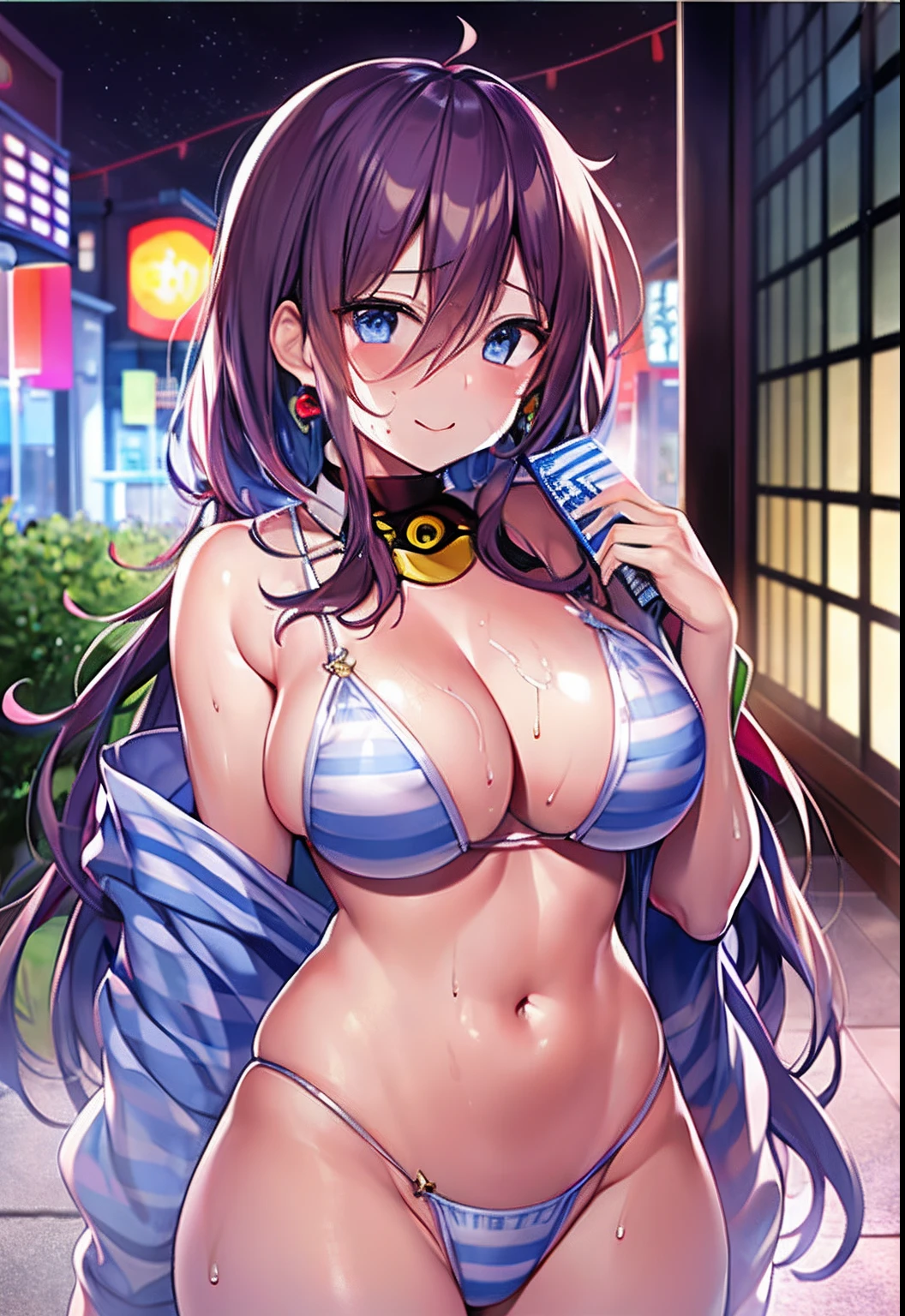 top-quality、Highly detailed anime super detail、masterpiece、tre anatomically correct、Detailed hand、(Mother 1.6)、Crescent、skyrocket、mid night、8K、Upper line、huge-breasted、thighs thighs thighs thighs、Sweat profusely、Friendly face、Stuffiness、(Yukata figure:1.6)、Moisturizing skin、(Drenched body:1.3)、Detail Eye、NSFW、Best Earrings、Yukata、Uchiwa、Stuffiness、Lustrous hair、A smile、Streaks in the crotch、Frontal view、