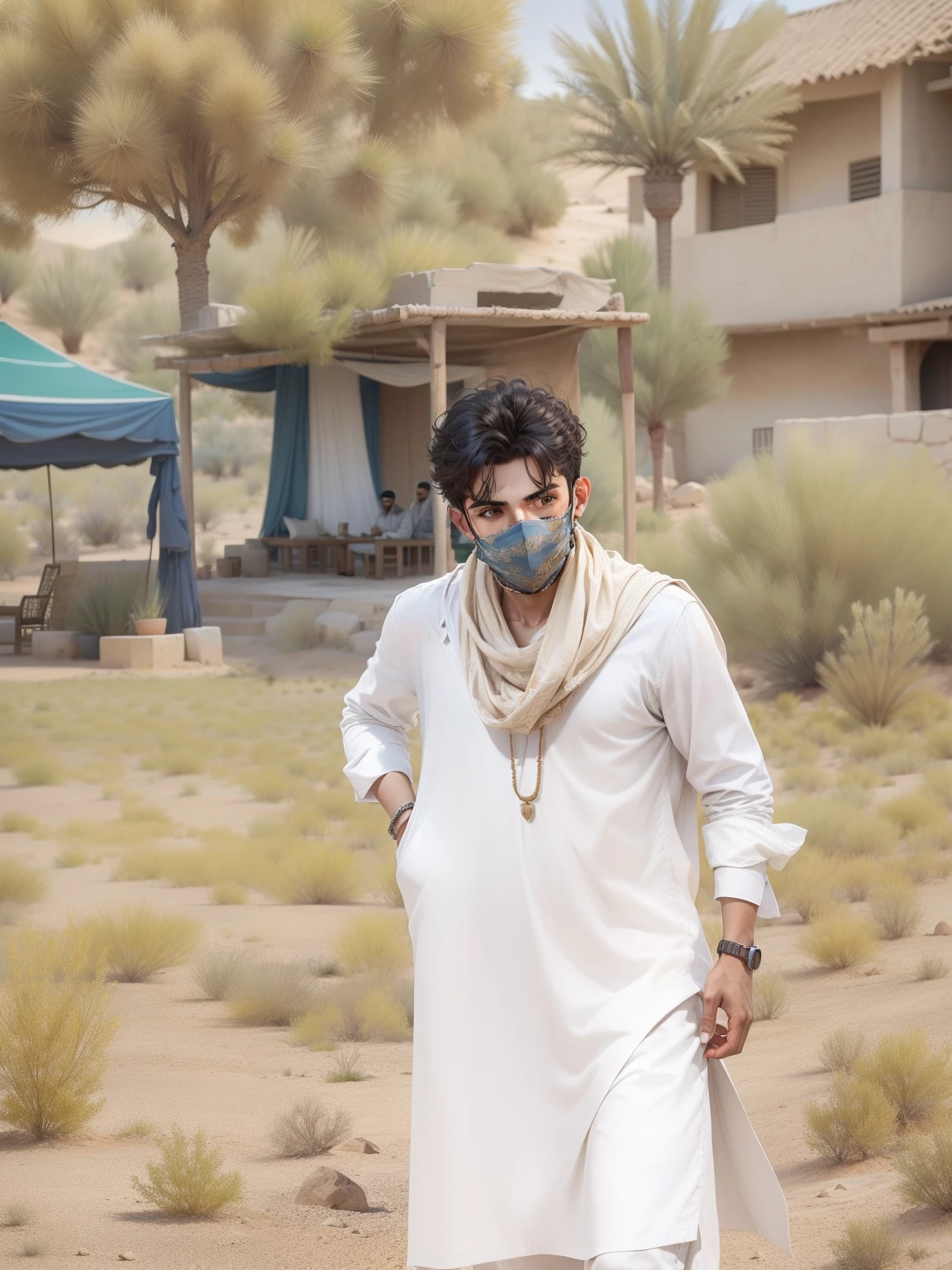 Arabic boy with aracbic scarf on face walikng in desert realistic face dont change the face hyperealistic view 8k
