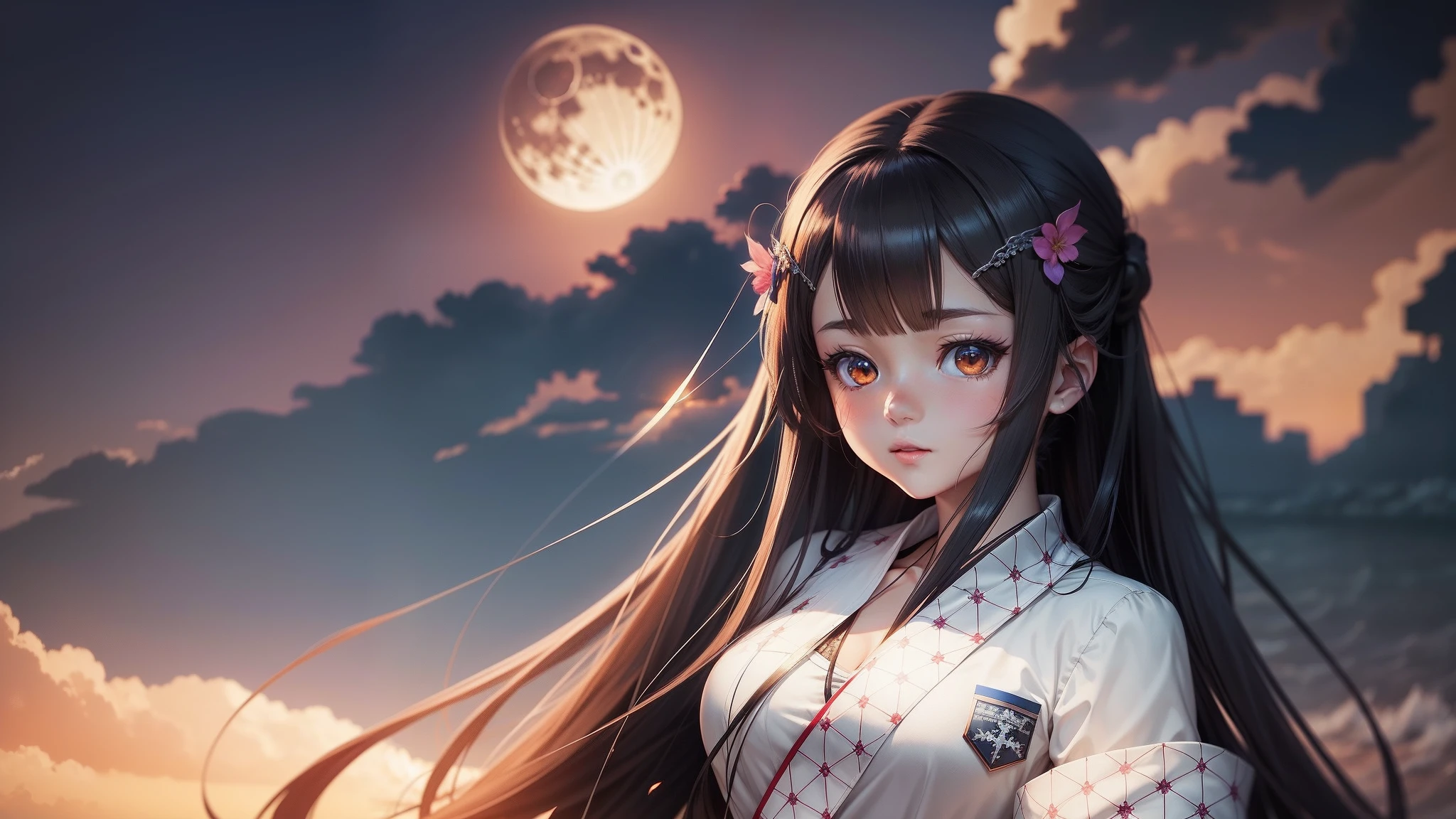 Anime girl sitting on the beach at night,The background is the full moon。, 4K anime wallpaper, Anime art wallpaper 8 K, Anime art wallpaper 4 K, Anime art wallpaper 4k, Anime wallpaper 4K, Anime wallpaper 4 k, nightcore, A scene from the《azur lane》videogame, Beautiful anime, style of anime4 K, hd anime wallaper, anime wallpaper