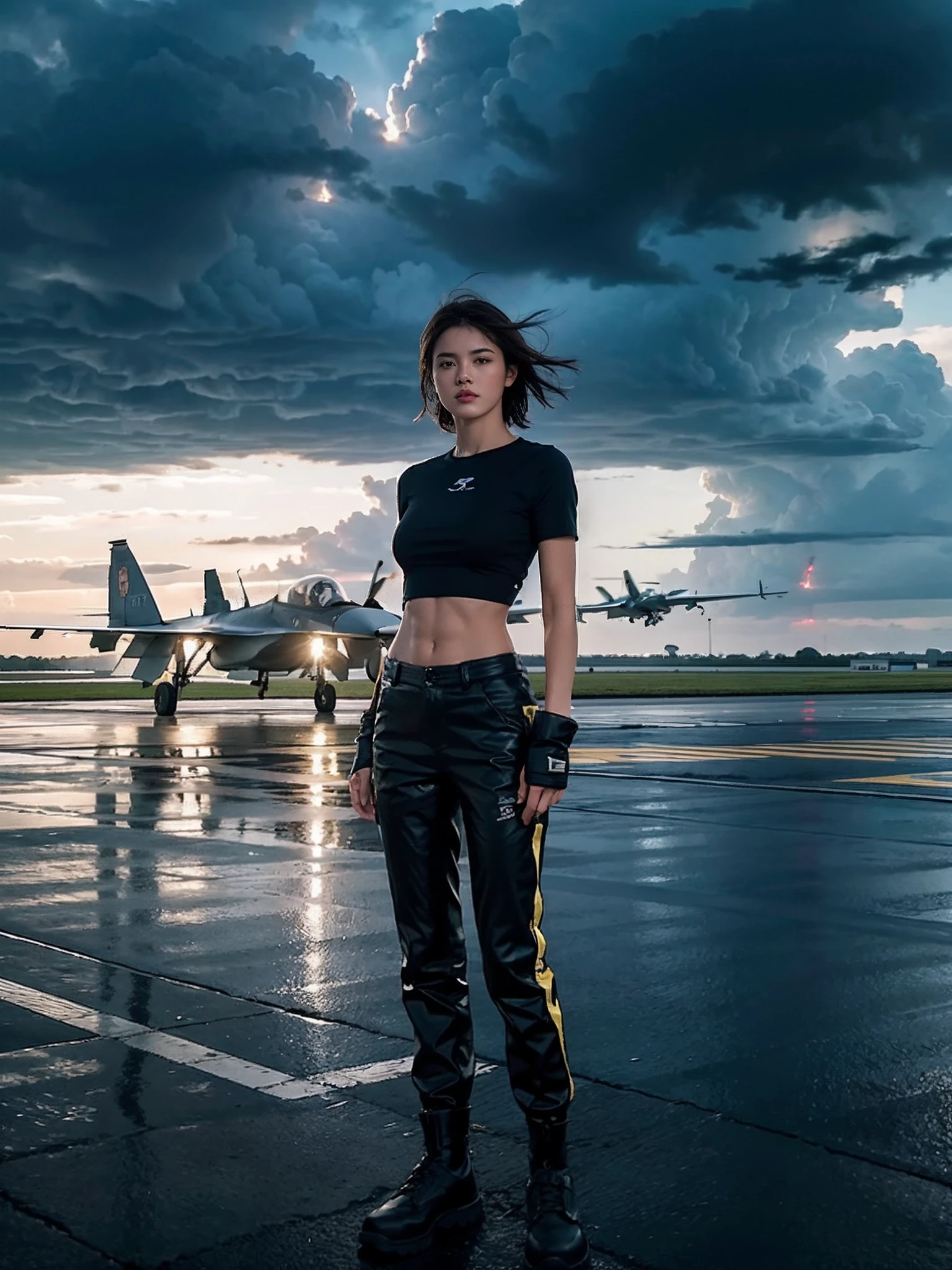 ((smallunderboob,Tomboyish,small heads)), (Well-defined abs: 1.1), (perfect bodies: 1.1), (short-length straighthair: 1.2), Black hair, upper body photos,（极其细致的CG 8k壁纸），（Extremely refined and beautiful），（tmasterpiece），（best qualtiy：1.0），（超高分辨率：1.0），beautiful light up，Perfect lightning，realistic shaded，[A high resolution]，Smooth and flawless fair skin，ultra - detailed ，Elongated legs，flatchest，Slim，emaciated，Female repairman，At military airfields，On the tarmac of a fighter，open air，summertime，in the afternoon，Severe cloudy days，Rainy days，dark stormy clouds，No sunlight，Dimly lit，with intense rain，Next to the huge Su-27 fighter，Under the wing of the fighter，Next to the landing gear of the fighter，Next to the tires，are standing，Wear dirty dark blue gloves on both hands，Dark blue short-sleeved T-shirt，Dark blue suit trousers，Dark blue cloth shoes，Wet hair，The clothes and pants were soaked，The body is filled with water droplets，Hold a red flag in your left hand，Hold a green flag in your right hand