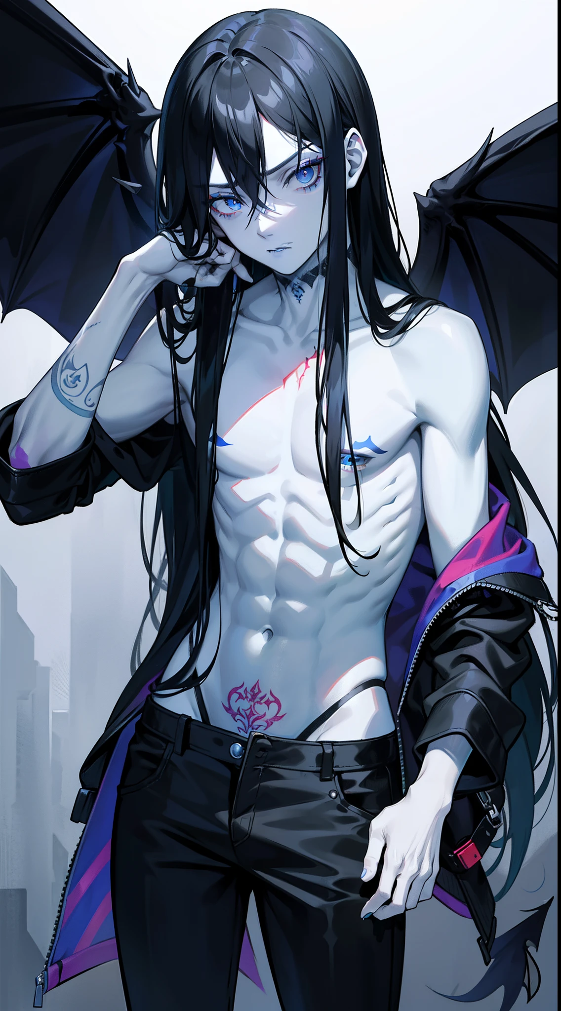 adult man, Long black hair, eyes without pupils, blue skin, thin, open torso, Tatoo, demon pants, копьë, emotionless look, blue lipstick, Masterpiece, hiquality