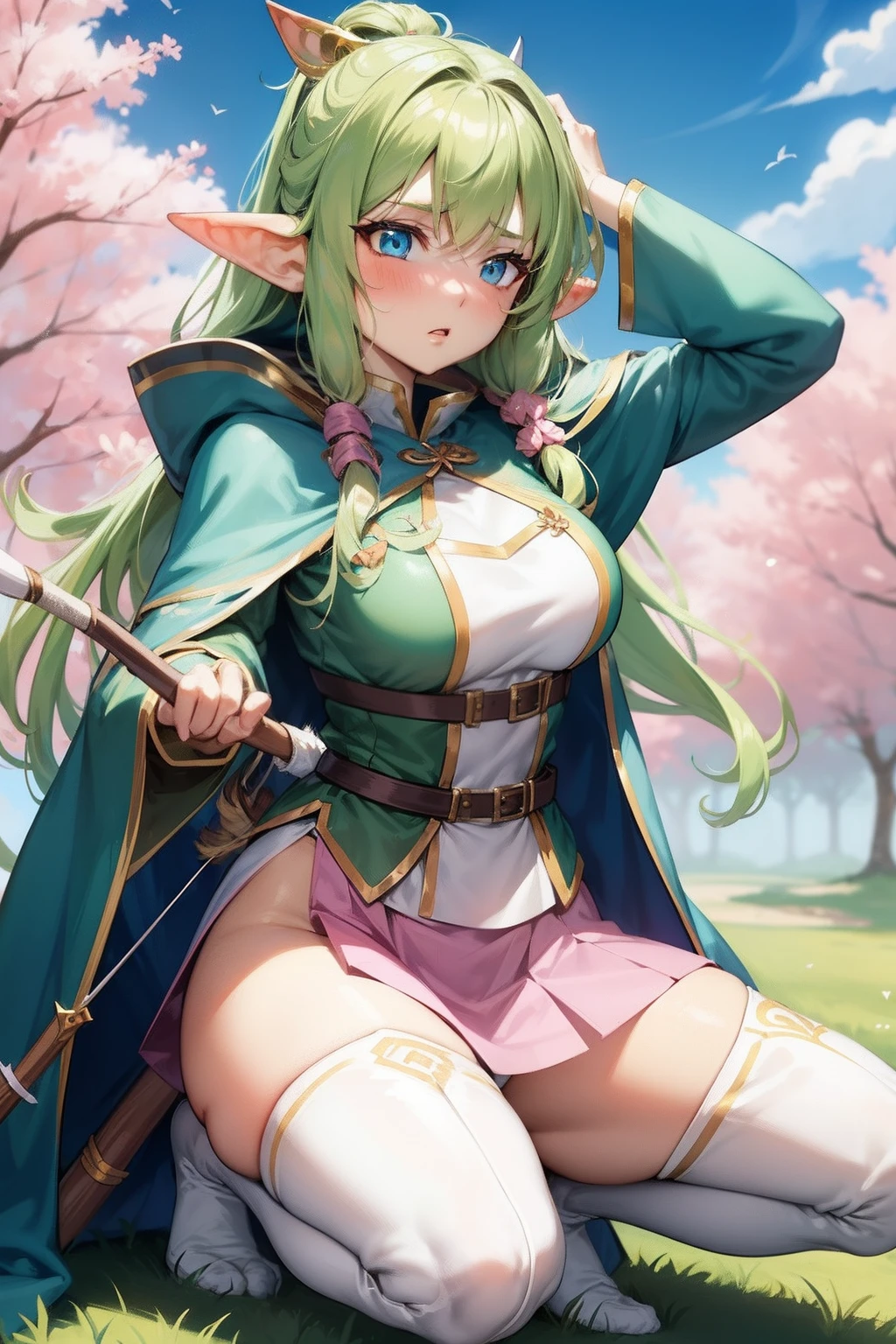 anime style, dongua style, Elven Ranger, woman, long brown hair, hime cut style, blue eyes, green cloak, elven outfit, pink skirt, tight white panties, crotch exposed, thigh-high stockings, squatting, legs apart, quiver, bow and arrow, bow aiming, looking down, archer pose,