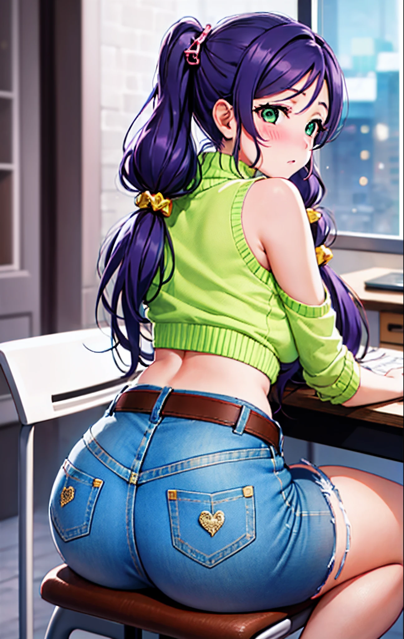 Toujo nozomi, green eyes, low twintails,ASS, SITTING, SOLO, LOOKING BACK, FROM BEHIND, DESK, THIGHS, ASS FOCUS, CHAIR, HUGE ASS, sweater, sleeveless,midriff,denim pants,belt, llchar,big breasts, outdoors, snow, (blushing:1.3)
