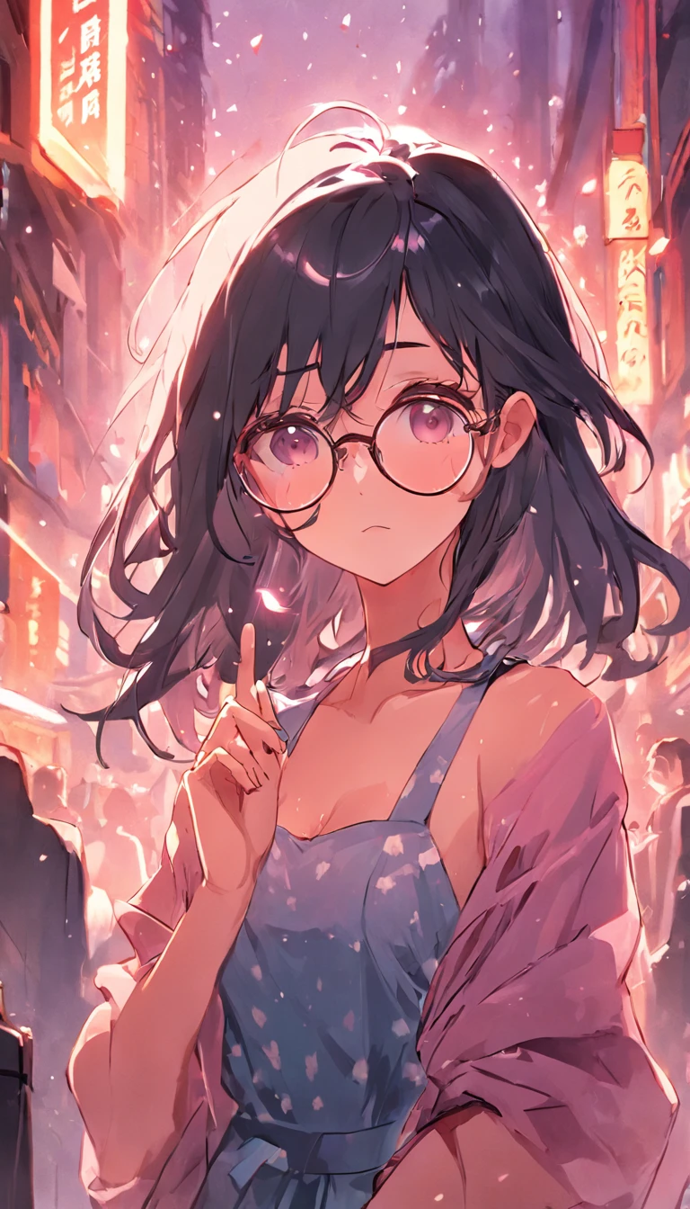 comic book 1 young, woman, dark hair, in a dress party, whit glases, anime style, Her expression is a charming mix of shy and confident, as if she is about to call by phone with someone special, Realistic Details, Detailed Facial