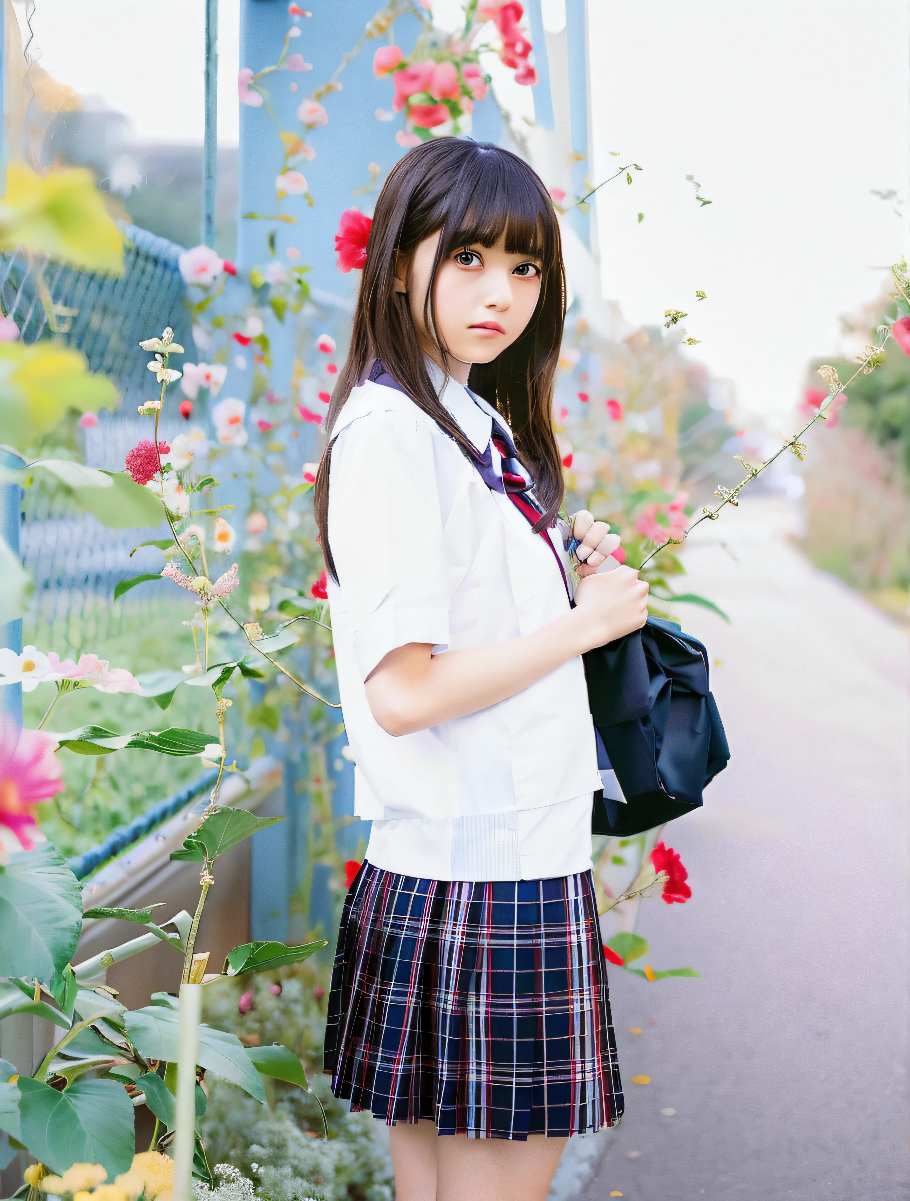 top-quality、There is a young woman standing in front of a fence with flowers, Japan school uniform, japanese girl school uniform, wearing japanese school uniform, Seifuku, iwakura lain, closeup Iwakura Lain, portrait of a japanese teen, Yasumoto Oka, beautiful anime high school girl, Kimi Takemura, aya takano color style
