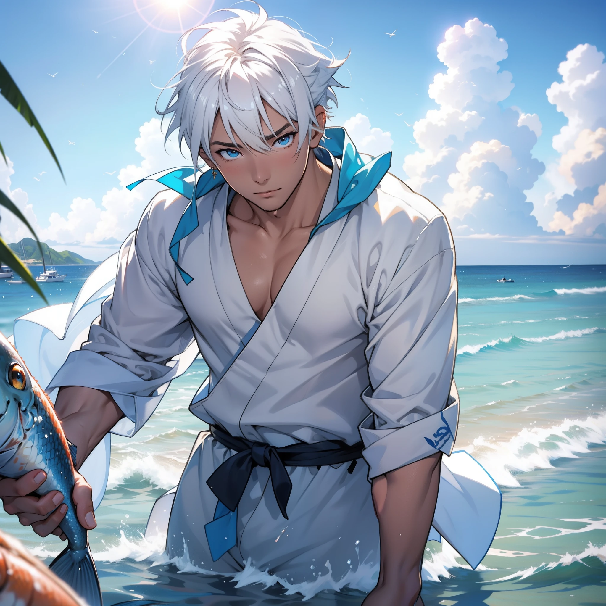 masutepiece, High resolution, 8K, Men in anime, Delicate and detailed writing 、Detailed digital illustration、细致背景、​masterpiece、Soft Focus , Bright gradient watercolor , Lens Flare , Glitter , Glow , Dreamy ,beautiful male、Hawaiian sea beach background、fisherman、The appearance of fishing、Fish bouncing、Splash background、extra detailed face、boat in background、Very large and double,,,,,、Eyes shine like diamonds、Fishing on the sandy beach、Beach sandy background、fisherman、White bee on the head、Dressed in a white fisherman's costume、A detailed face、high-level image quality、Hi-Res、hightquality,holding a big fish in one hand、White hair、Hachimaki on the head