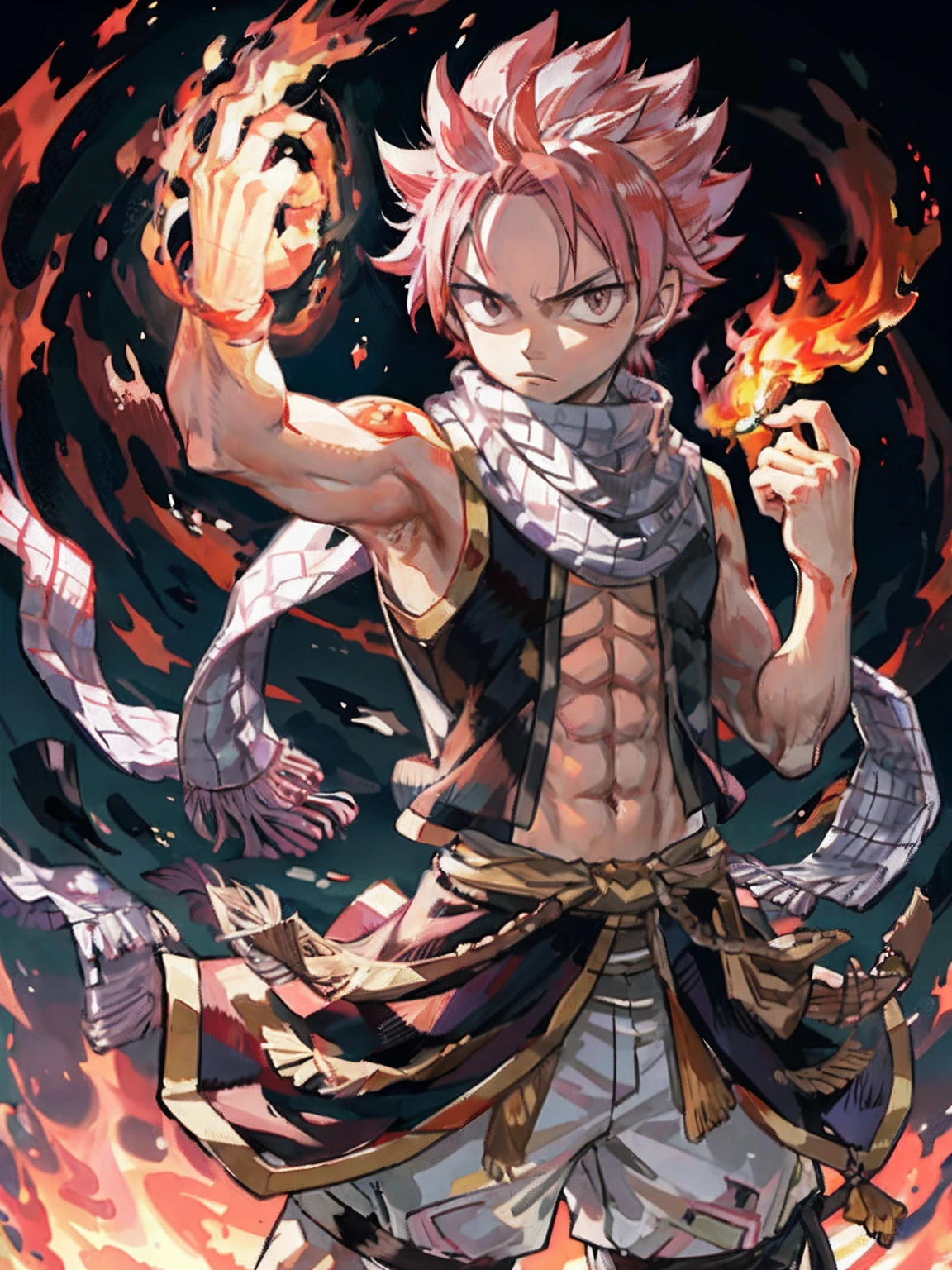 masterpiece, best quality, 1boy, natsu dragneel, scarf, sleeveless, black eyes, fire, arm up,