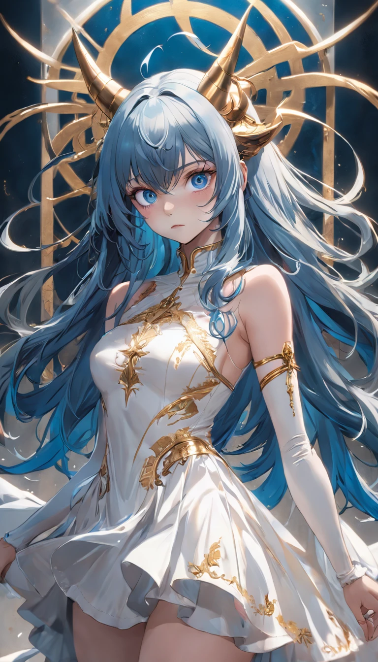 A girl with long blue hair in a white darkwave-style dress with golden details and a devil mask,Estilo Darkwave,retrato de medio cuerpo,centrado,HDR,8k,hiperrealista,hermoso estudio de luz suave,detalles vibrantes,Anatomical,elegante,foco nítido,Foto de estudio,tendencias en Artstation,hiper detallado,filtro polarizador