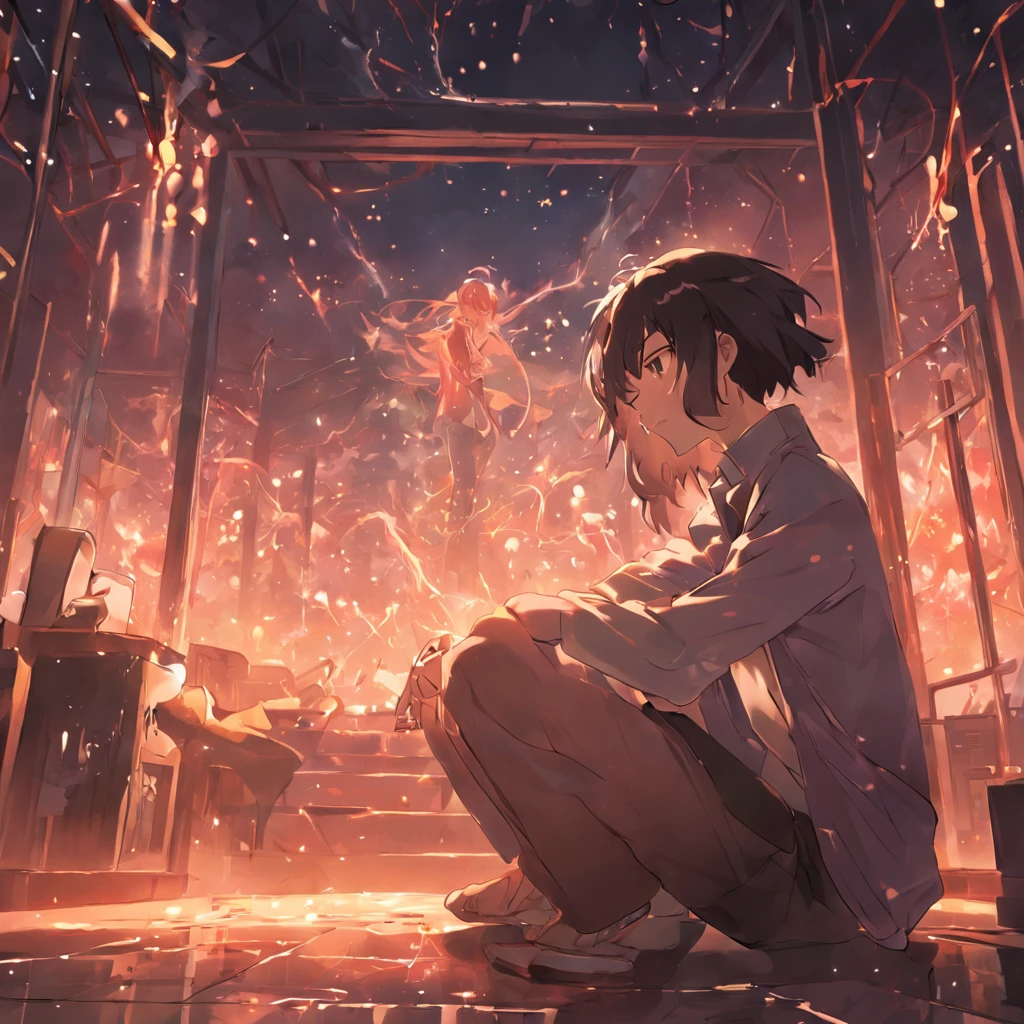 Home、Male and female high school couples、A dark-haired、Sit down and discuss、Use light colors for the background、during daytime.Express a fun atmosphere