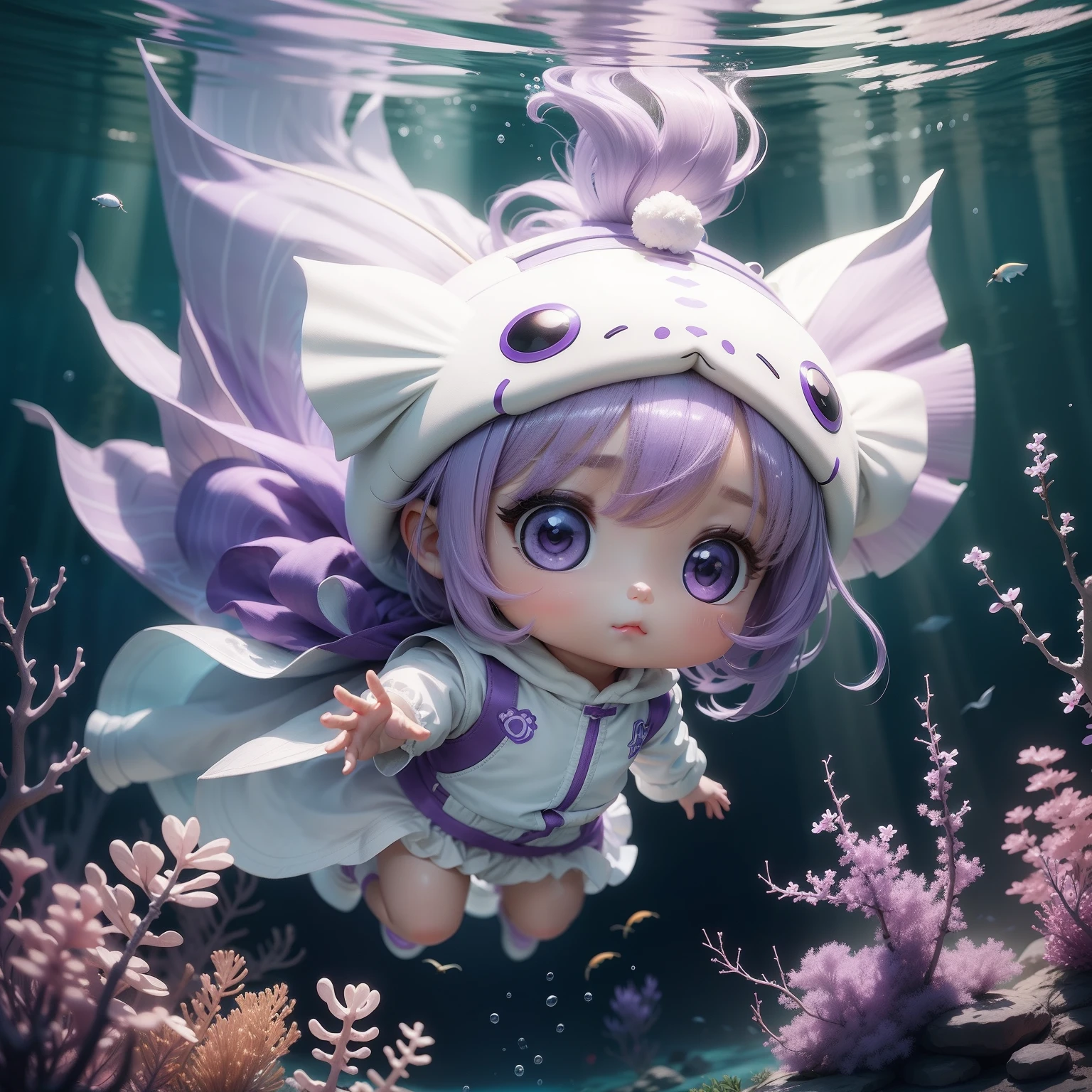 Cute baby chibi anime, lilac purple hair,Off-white clothes, A huge purple fish,Underwater world,Fish headdress。vaulting horse