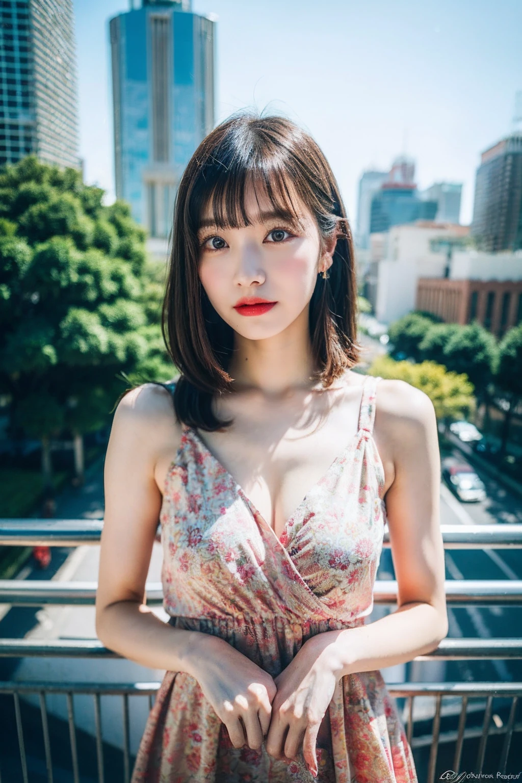 best quality ,masterpiece,ultra high res,(photo realistic:1.4), 1 girl, looking at viewer, very beautiful,kawaii, Cinematic, 35mm lens, f/ 1. 8, accent lighting, 8k, huge breast, slender waist, mini dress, tower