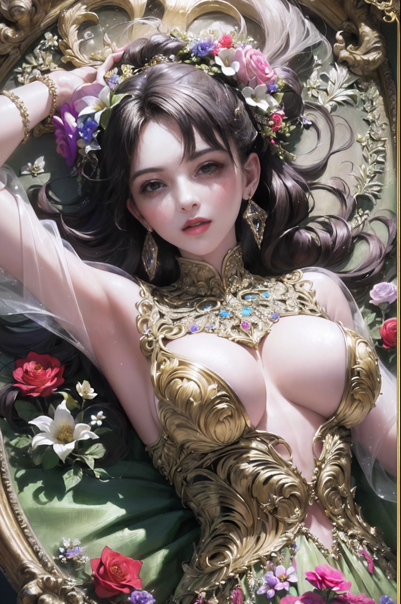 (Masterpiece, Top quality, Best quality, offcial art, Beautiful and aesthetic:1.2), Antique costumes,see-through transparent clothes,huge tit,(Beautiful girl:1.3), Lying on her back in bed,Extremely detailed,(Fractal art:1.1),(Colorful:1.1)(Flowers:1.3),highest details,(zentangle:1.2), (Dynamic pose), Gorgeous room,(Shiny skin), (many color:1.4), ,(Earrings:1.4),