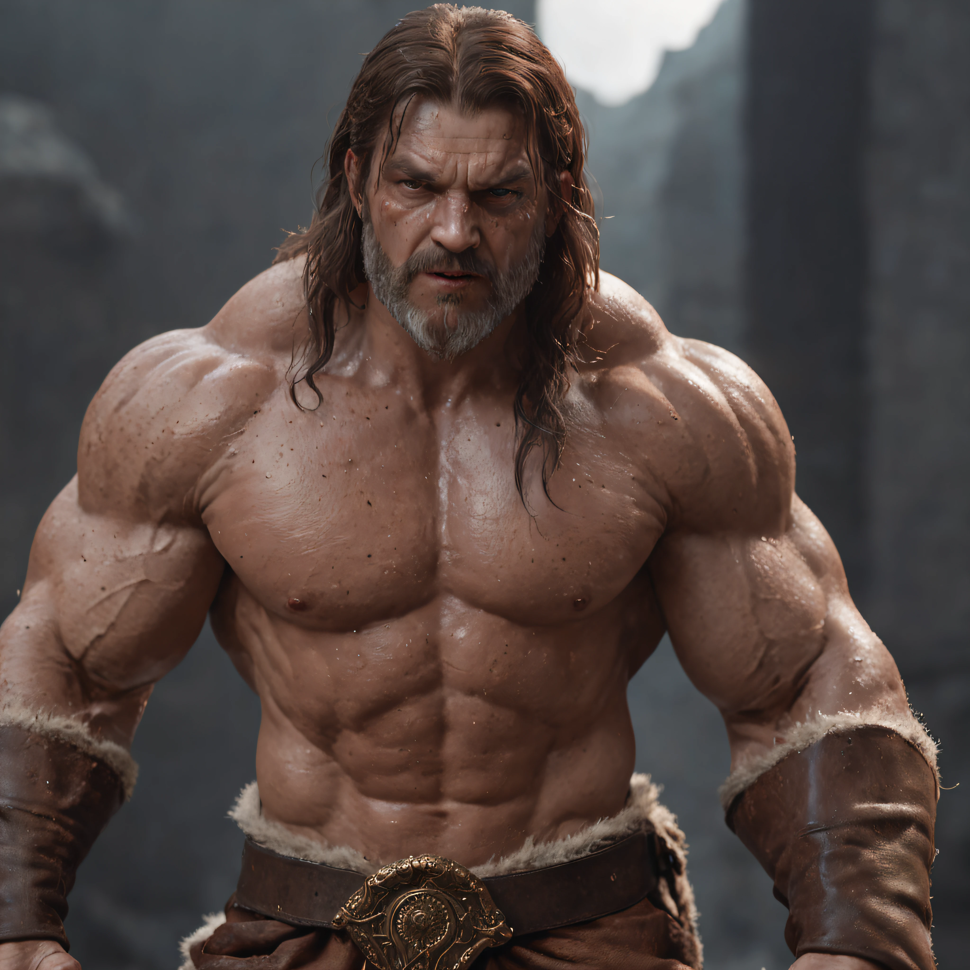 (professional 3d render:1.3) af (Realistic:1.3) most beautiful artwork photo in the world，Features soft and shiny male heroes, ((Epic hero fantasy muscle man rough wet hero angry looking long hair short beard and ferocious expression in dynamic pose, Fantastic location, Majestic cluttered environment)), Full body 8K unified rendering, action  shot, skin pore, very dark lighting, heavyshading, Detailed, Detailed face, (vibrant, photograph realistic, Realistic, Dramatic, Dark, Sharp focus, 8K), (Old leather garments damaged by weathering:1.4), ((((Wear fur)))), (Intricate:1.4), decadent, (Highly detailed:1.4), Digital painting, rendering by octane, art  stations, concept-art, smooth, Sharp focus, illustration, Art germ, (loish:0.23), wlop ilya kuvshinov, and greg rutkowski and alphonse mucha gracias, (Global illumination, Studio light, volumettic light), heavy rain, particles floating, lotr, fantasy, elf, full bodyesbian, ((Dark and ancient city background:1.3)),CGSesociety,art  stations