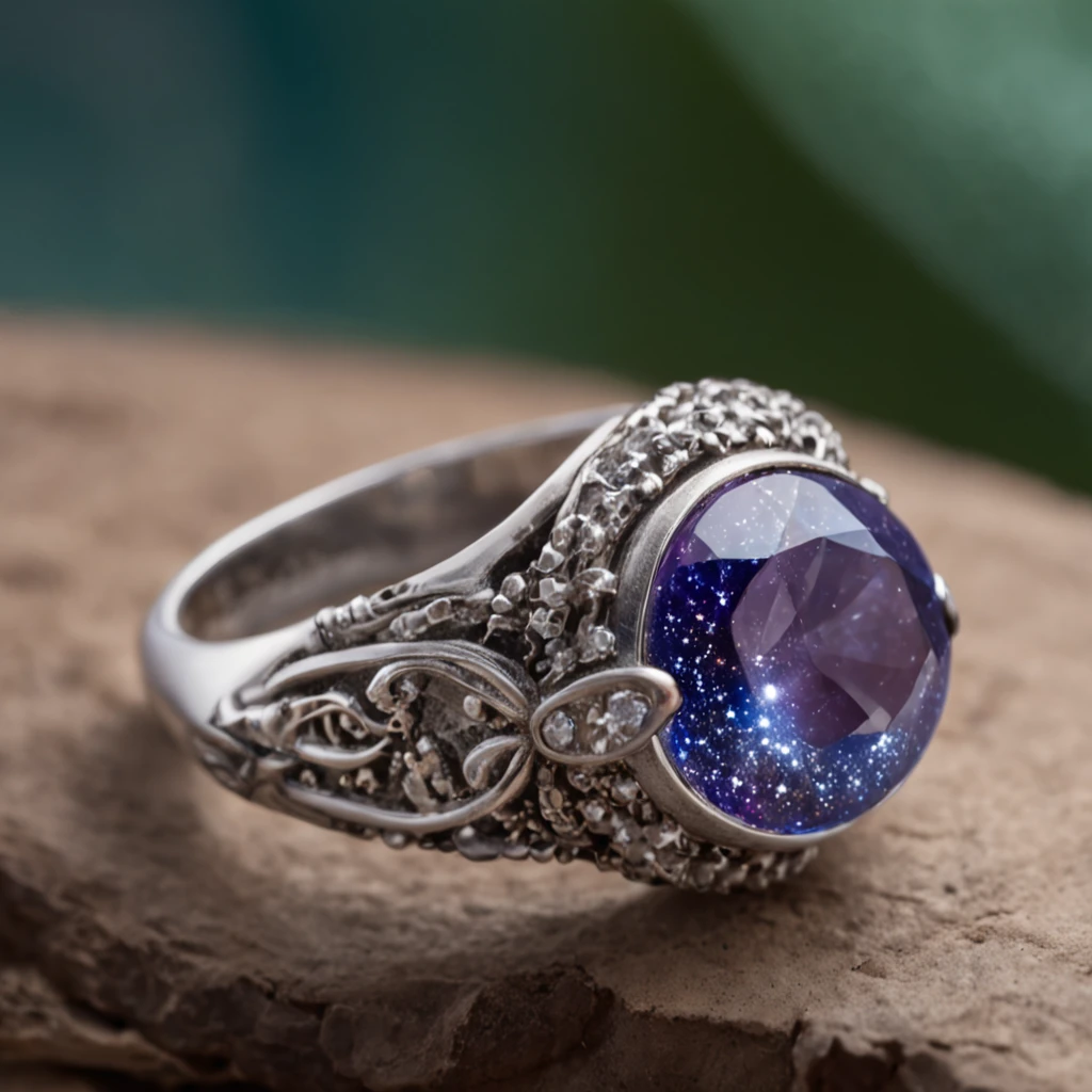 Masterpiece,highest quality,(Nothing but the ring),(No Man),The ring is set with a phoenix,starrysky,Wrapped around the end from beginning to end,Delicate silver ring,Starry sky in the ring,The sheen,inverted image,Sparkling blue-purple gemstones,Elegant and noble,simple backgound