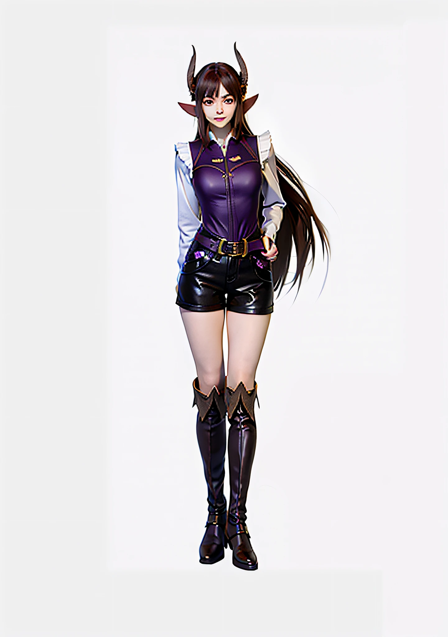 Long brown hair,Purple vest,Beast-eared maiden,Purple-black shorts,Brown mid-heeled leather boots(high-class,Complete body)