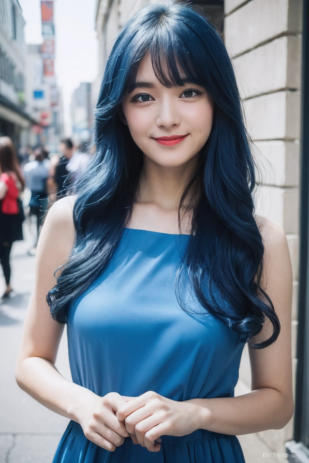 ((Top Quality, 8k, Masterpiece: 1.3)), 1 Girl, Smile, Slim Face, Pretty Woman, (Blue Hair), Full-Length Dress: 1.1, Ultra Detailed Face, Detailed Eyes, Double Eyelids, Blurred Background, Slim Face, City, Outside, Street, Korean Women, Curly Hair, Layer Cut, Long Hair