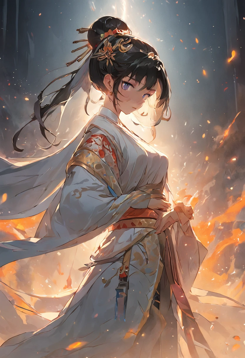 (tmasterpiece,High picture quality,Beautiful face,Oriental women,Eastern warriors,gallant woman,swordsmen,a matural female,Exquisite eye and facial details,Stand tall,Fairy-like appearance。,Beautiful embryos,Tulle cloth like white,Cloth boots and over-the-knee stockings display,Hanfu,Ancient wind,There is a slight smoke and mist around,Long black hair,Stunning beauty,Tallbody,Rich scene detail,Action,Wide buttock,Thick thighs)