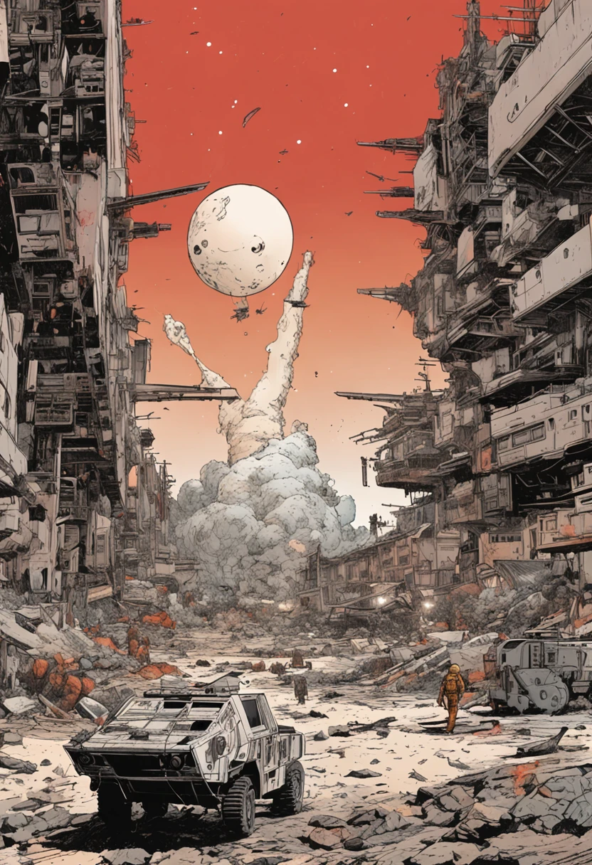 spaceships、Katsuhiro Otomo's painting style、Desolate Star、Red burnt sky、Destroyed buildings、Man in spacesuit searching、Giant fighter