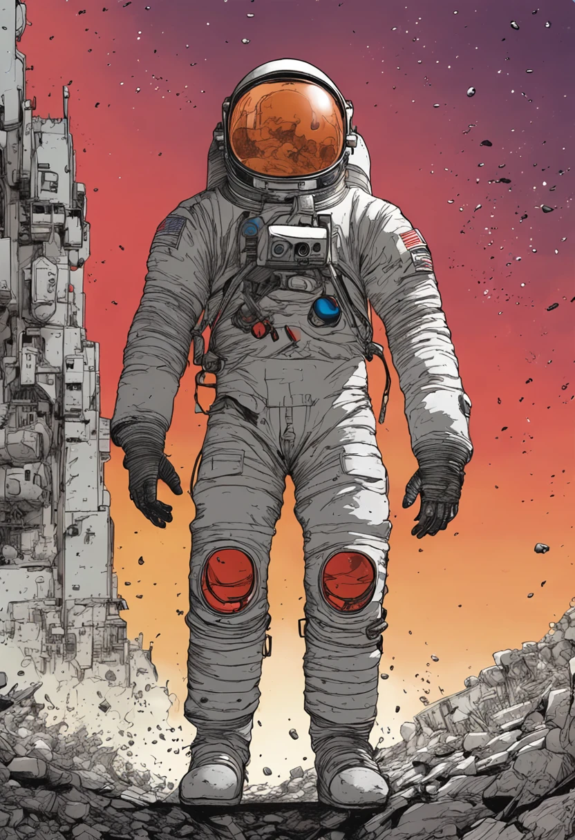 spaceships、Katsuhiro Otomo's painting style、Desolate Star、Red burnt sky、Destroyed buildings、Man in spacesuit searching、Giant fighter