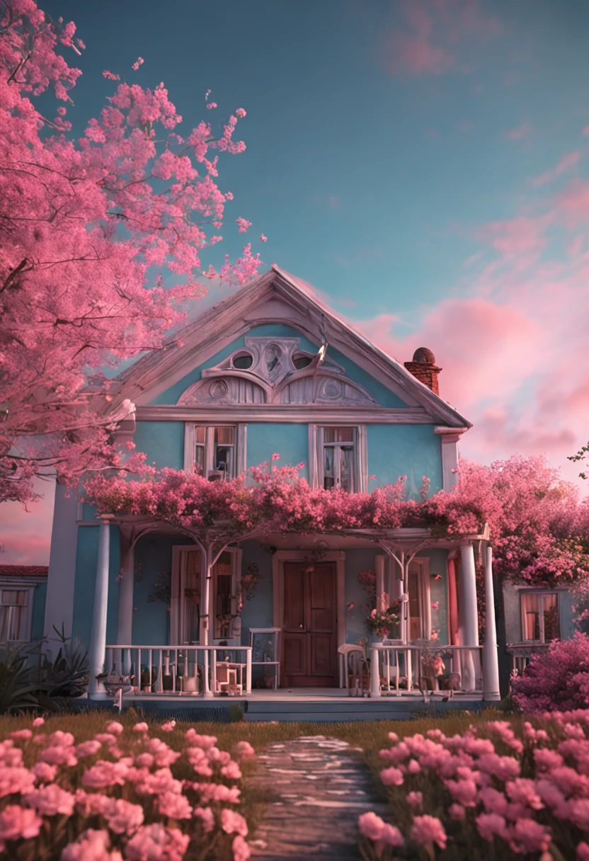 (country style,flower sea,Soft pink sky,Lovely house)