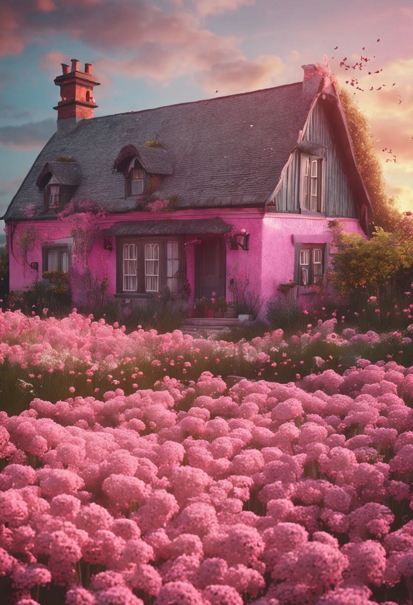 (country style,flower sea,Soft pink sky,Lovely house)