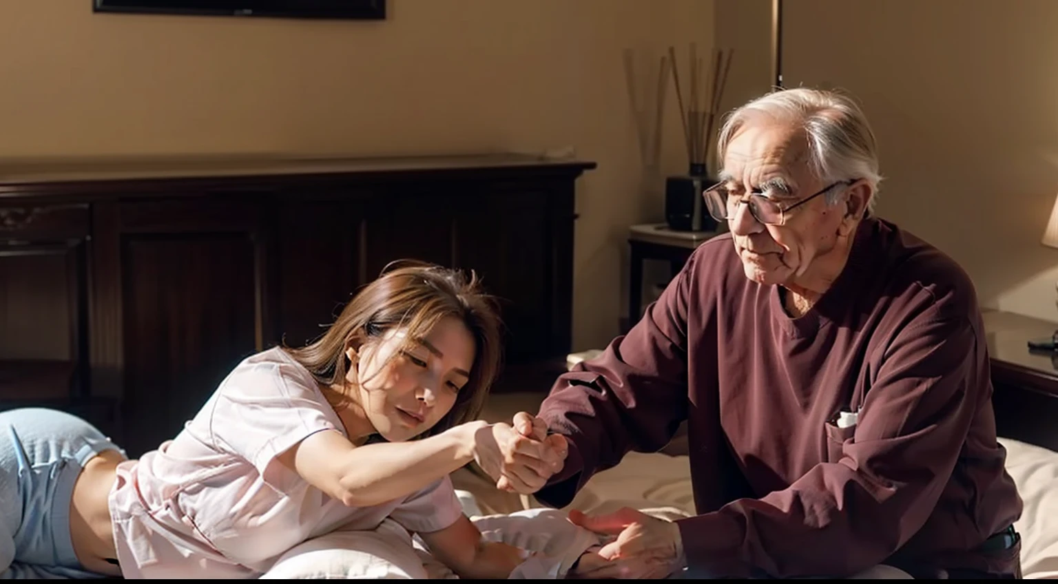 Woman and grandfather working in a luxury nursing home
