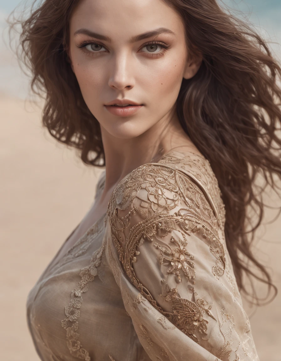 High waist portrait of an exotic beautiful Caucasian woman in trendy clothes on the beach, Perfectly detailed facial details, Detailed symmetrical brown eyes with round iris, Realistic, Stunning photorealistic photography, 3D rendering of, Octane rendering, intricately details, Cinematic, Trend at Artstation, isometry, The surreal cover photo is centered, Stunning colors, Hand-drawn, Dark, sandy, Mucha, Klimt, erte 12k, High definition, Cinematic, neoprene, winner of the behance contest, The portrait is presented on Unsplash, Stylized digital art, smooth, hyper HD, 8K, Unreal Mechanics 5, super sharp focus, Intricate, menacing, Epic artwork, TanvirTamim, Trend at Artstation, By Artgerm, h. r. Giger and Beksinski, Highly detailed, vibrant