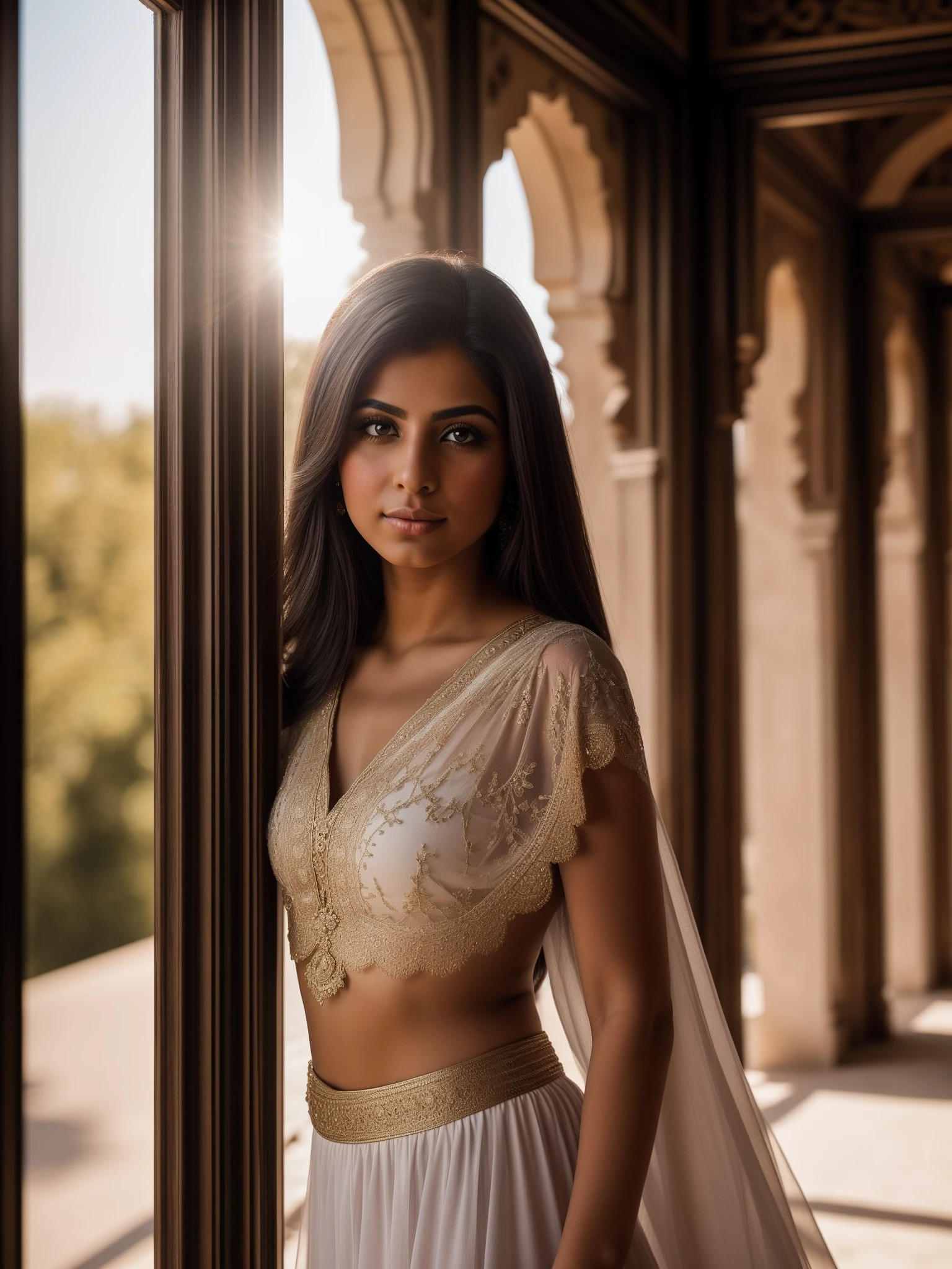 Persian girl, ((toplesd)), in orientalic palace, looking out at the sun, (Meisterwerk:1.2) (((RAW-Foto))) (bokeh) (best qulaity) (komplizierte Details) (8K) (HDR) (analoger film) (Canon D5) (Filmische Beleuchtung) (scharfer Fokus)