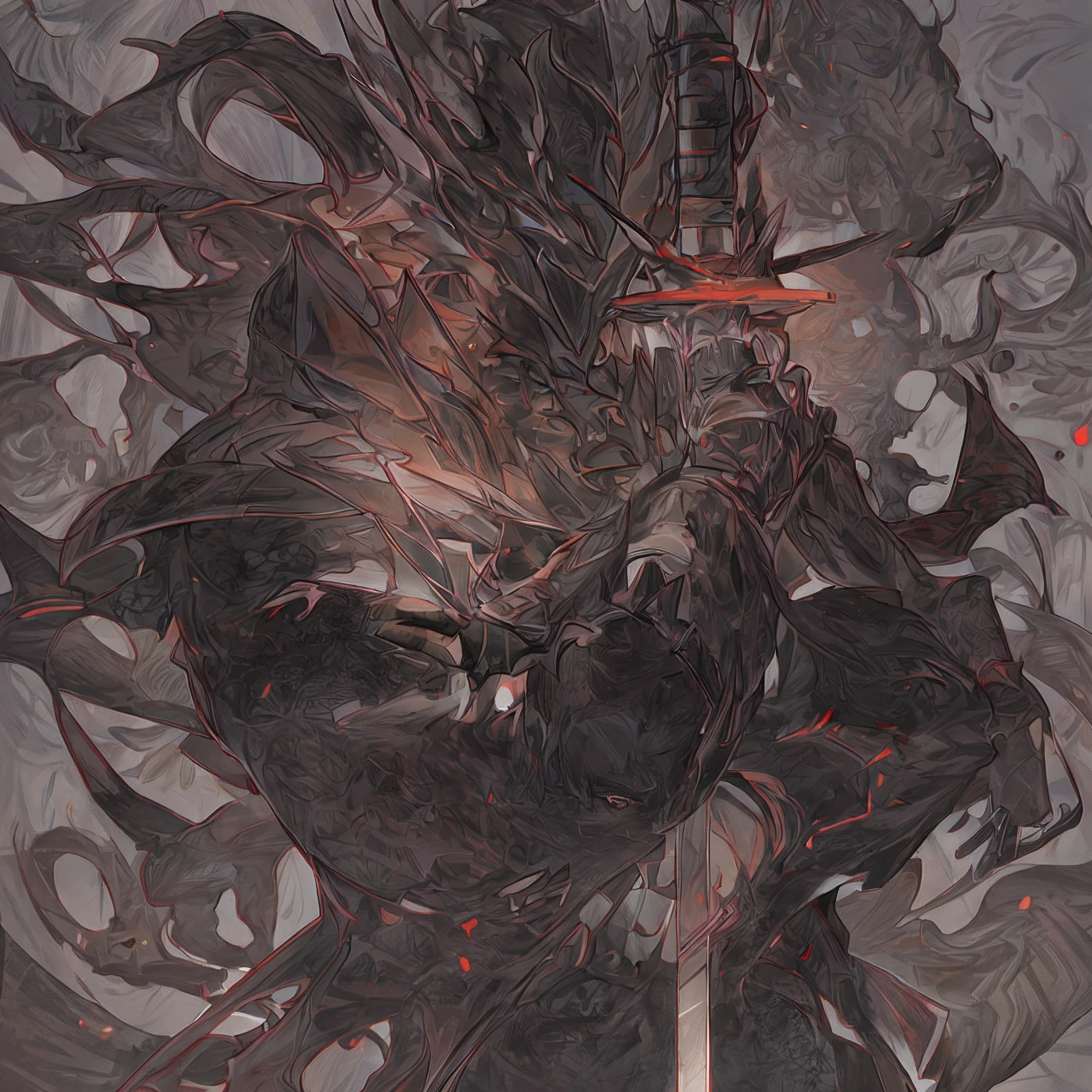 a close up of a person holding a sword in a painting, From the night of the ark, benedick bana, arknight, in yoji shinkawa's art style, Anime epic artwork, afro samurai animes style, Badass anime 8 K, bloodborne art, style of raymond swanland, ominous assassin, Epic anime style, afro samurai anime style