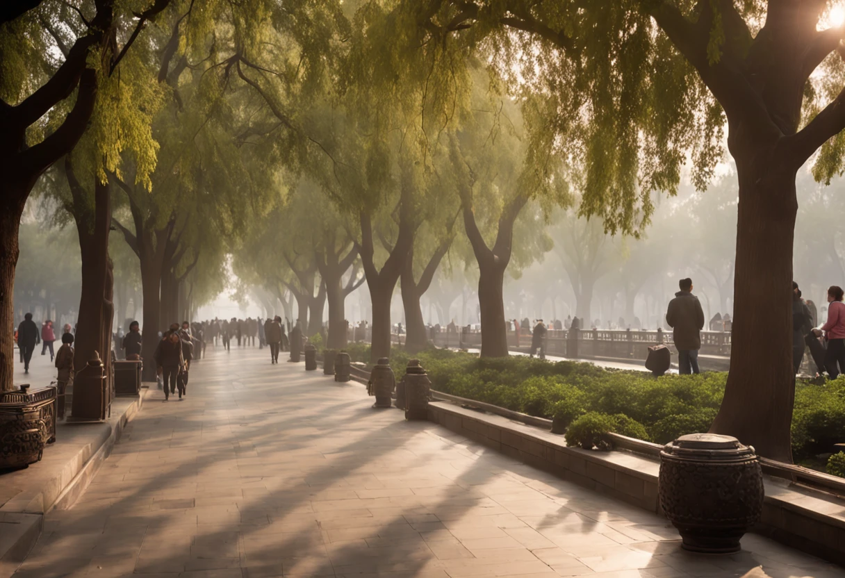 " Beautiful Luxurious city center in Beijing surrounded by a large park by day and with temples. The day scene crowded with vegetation and details, chemin infiniment longue avec plusieurs ponts suspendus et pars. Misty atmosphere in the foreground in the street, des nuages fabuleux et duveteux. Several tourists walk in the background. Wet soil with blurred blurred reflection and movement. Camera seen from ground level, Real colors, Realistic style, 8k, Wide full-plane camera angle, Ultra detailded, High definition photography, Masterpiece, effet de bokeh, realistic depth of field Focal length 1/8 avec 35 mm. Ambience, atmosphere, rayons de soleil, luxuriant, detailed realistic lighting, volumettic light, golden hour. . "