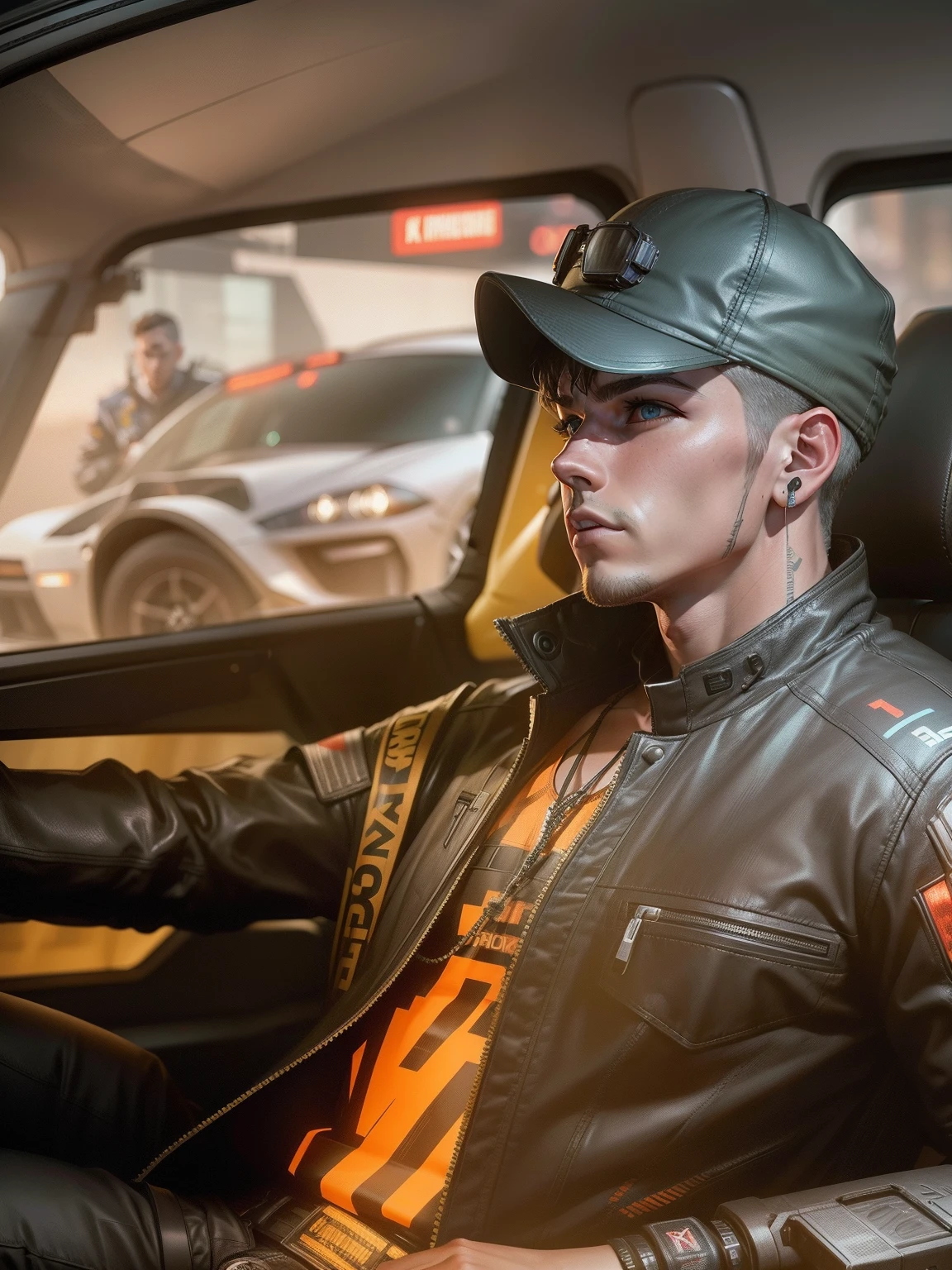 Hollywood boy in a sports car realistic 8k