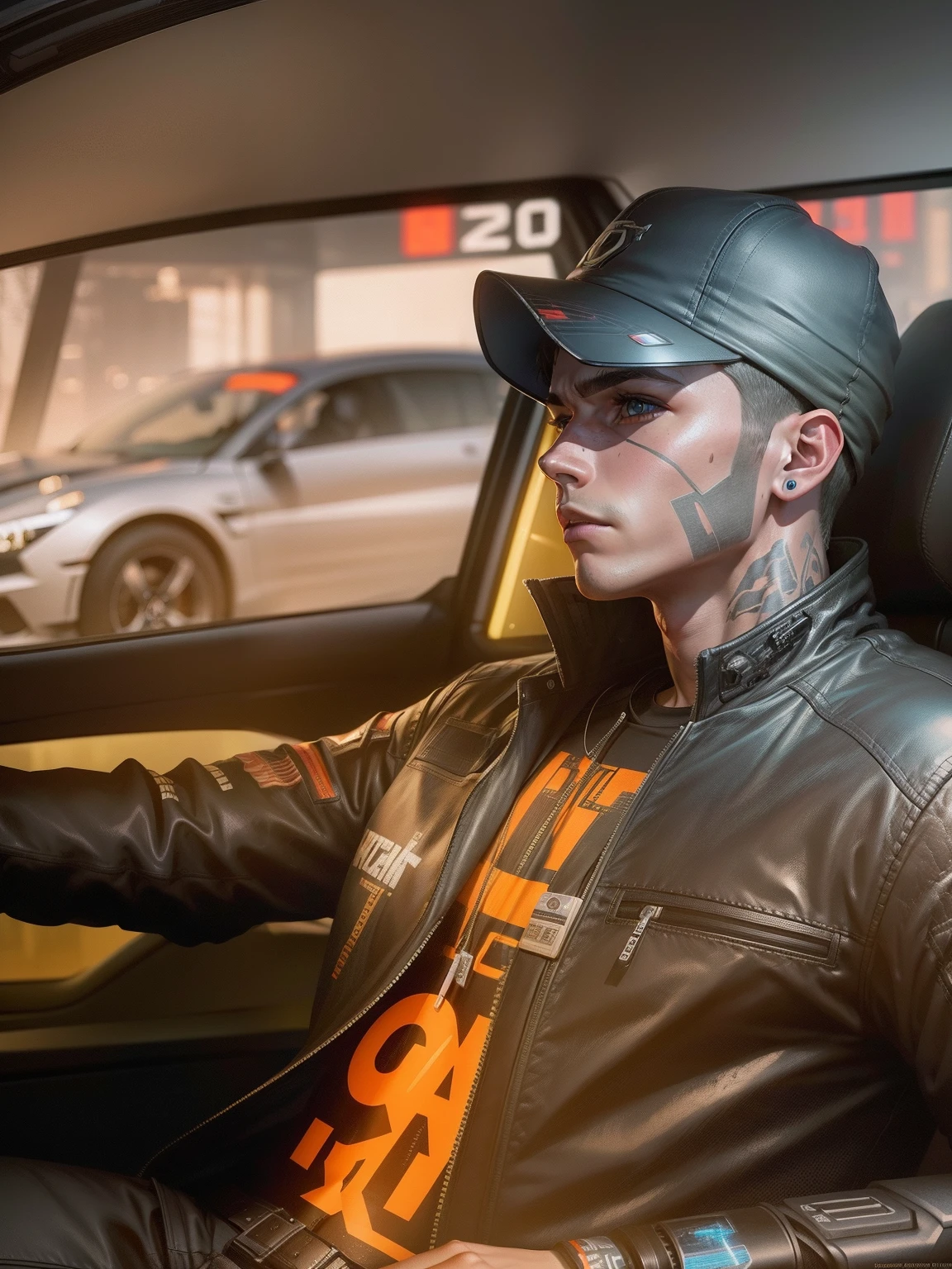 A cyberpunk boy sitting in a sports car superealistic face 8k