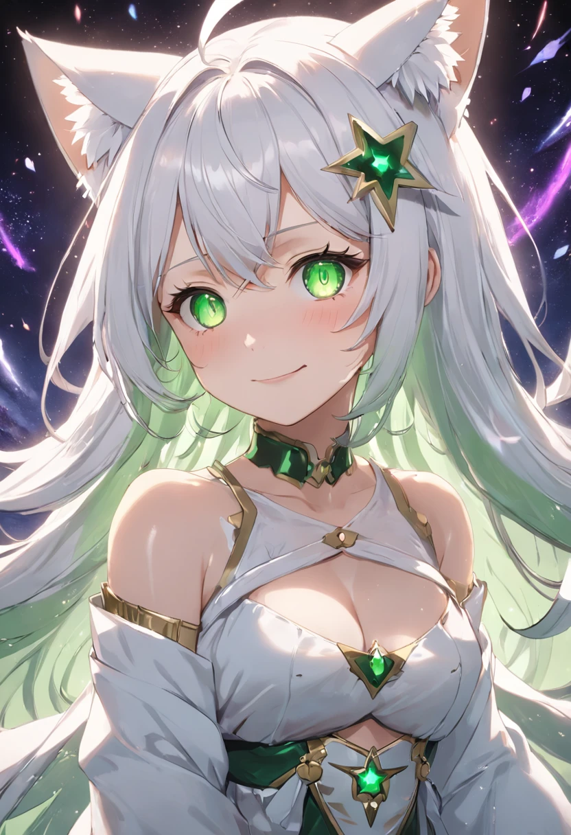 White hair, flowers in head, Green eyes, Star eyes, Cat ears, Smile, Anime style, hyper HD, retinas, ccurate, Masterpiece, Anatomically correct, Textured skin, Super detail, High details, Award-Awarded, High quality, A high resolution, Best quality, 16k