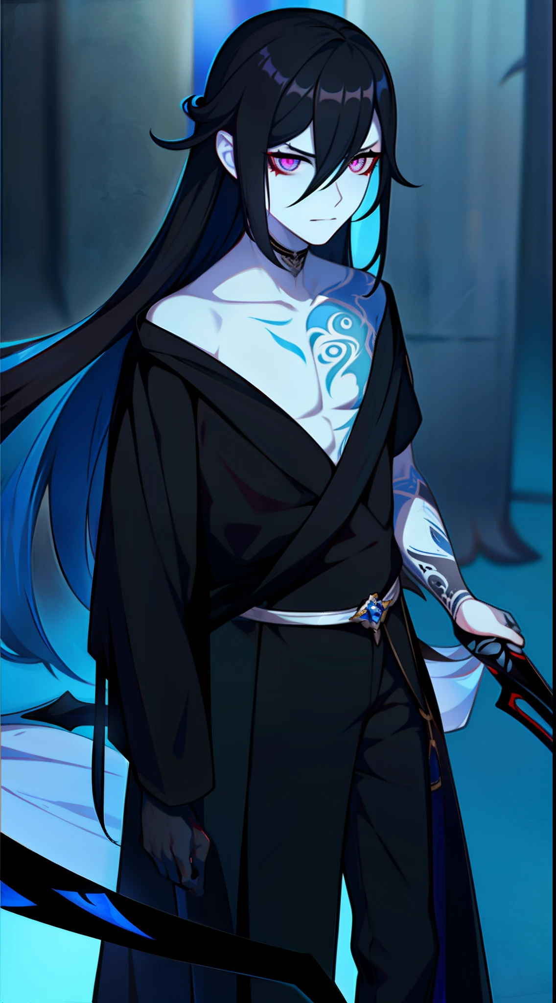adult man, Long black hair, eyes without pupils, blue skin, Thin, open torso, Tatoo, Demon Pants, spear, emotionless look, blue lipstick, Masterpiece, hiquality