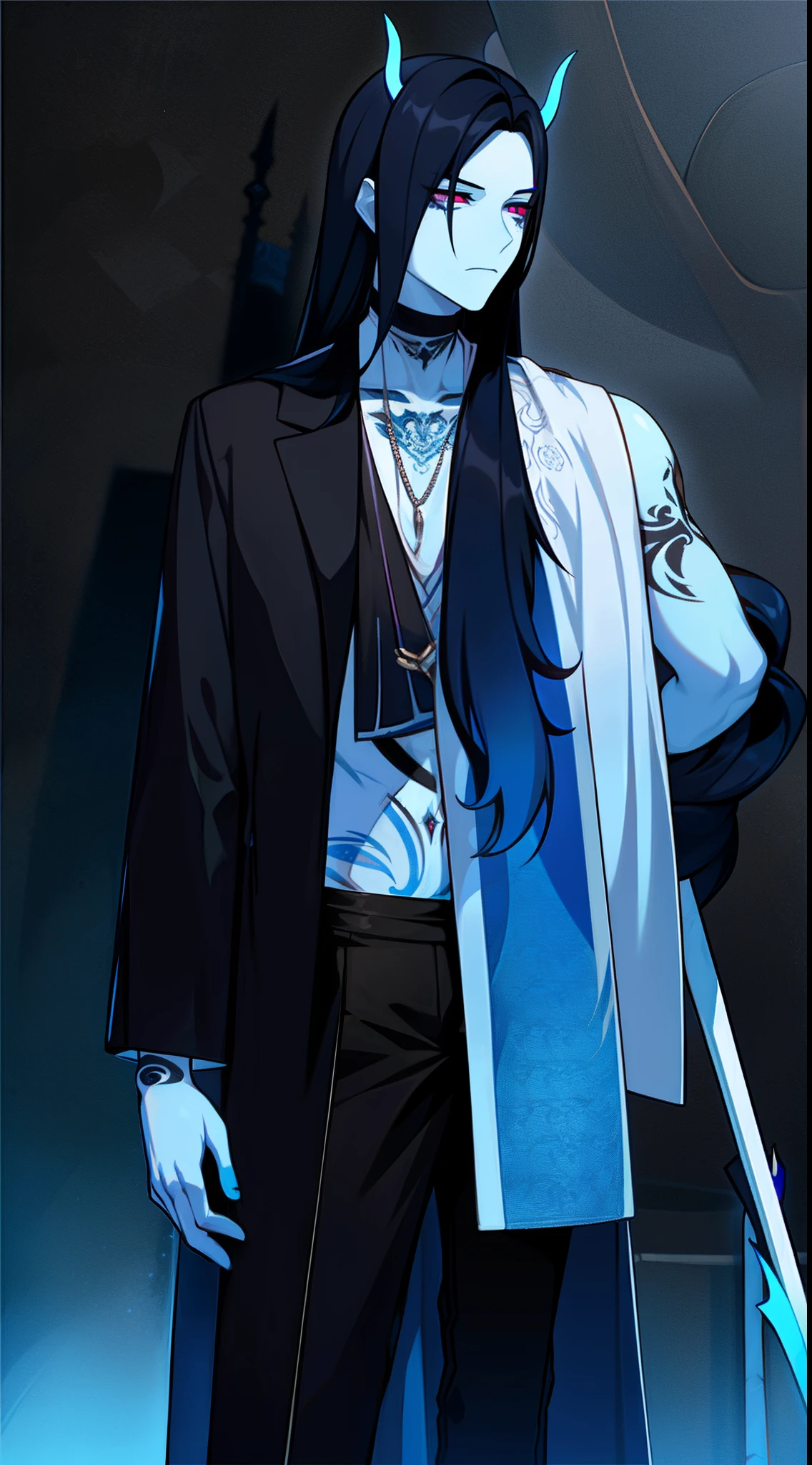 adult man, Long black hair, eyes without pupils, blue skin, Thin, open torso, Tatoo, Demon Pants, spear, emotionless look, blue lipstick, Masterpiece, hiquality