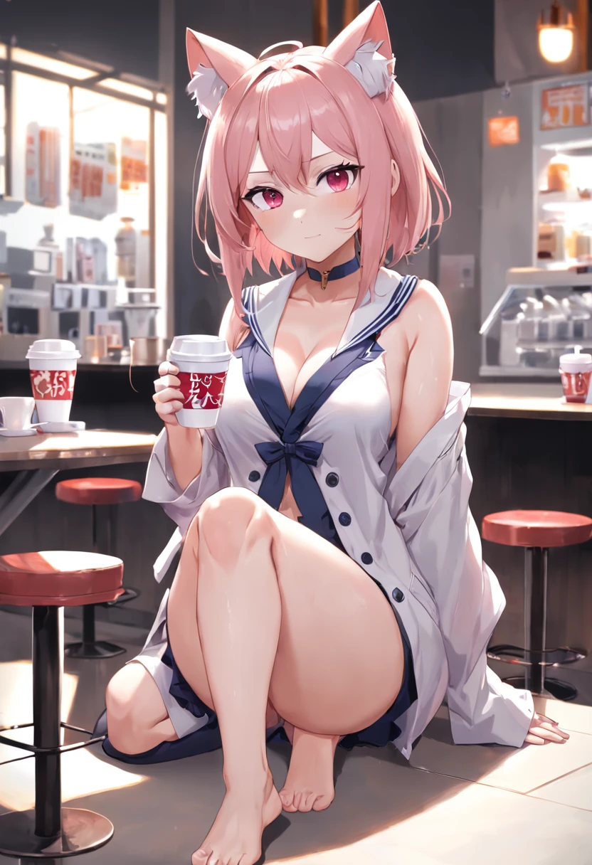 masterpiece, best quality, absurdres, looking at viewer, solo, 1girl, persica (girls' frontline), 1girl, animal ears, bags under eyes, bare legs, barefoot, breasts, cat ears, cleavage, coffee mug, crossed legs, cup, fake animal ears, feet, full body, holding, holding cup, lab coat, dress shirt, long hair, looking at viewer, medium breasts, mug, parted lips, pink hair, red eyes, simple background, sitting, smile, solo, toes, white background