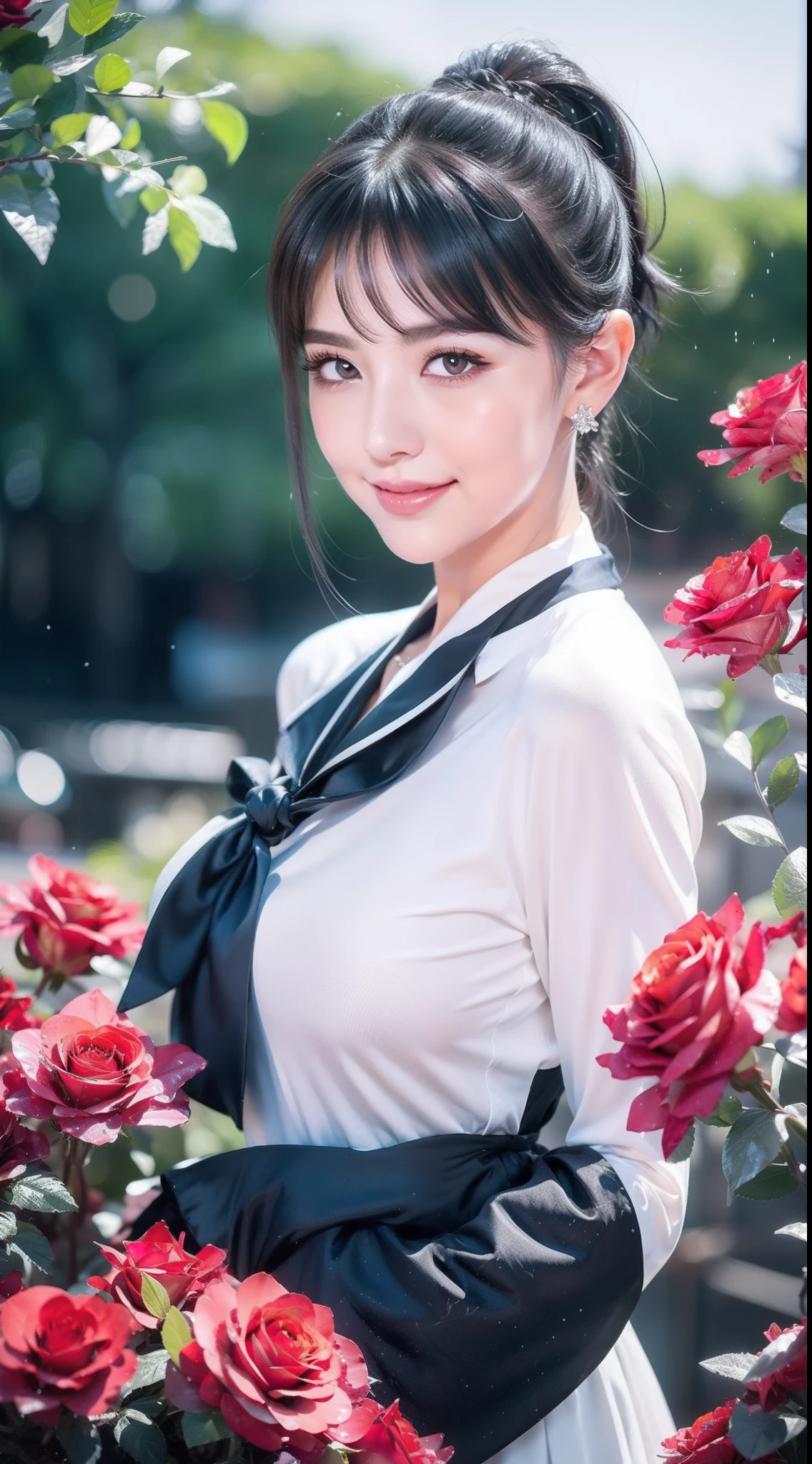 Garden covered with red roses in the background, Silver hair, front ponytail, eyes reflection, red contact lenses, Pink eyes,Heterochromia, Wear earrings, Blue crystal pendant,Evil smile, shairband,High detail, romanticism lain, Depth of field, Sparkle, Ray tracing, viewfinder, zoom layer, Close-up, Bokeh, Anatomically correct, High details, 1080p, Ultra HD
Woman,High ponytail,a sailor suit,Half out of the water,Get wet,Clothing water pattern detail,The expression is solemn,holding knives,Shiny blade detail depiction,reflective light,
Gorgeous and delicate glowing little butterfly hair ornament,brilliant colorful,Fine engraving,Shine brightly,The attention to detail,The quality of the jewelry is excellent,Extremely high image quality