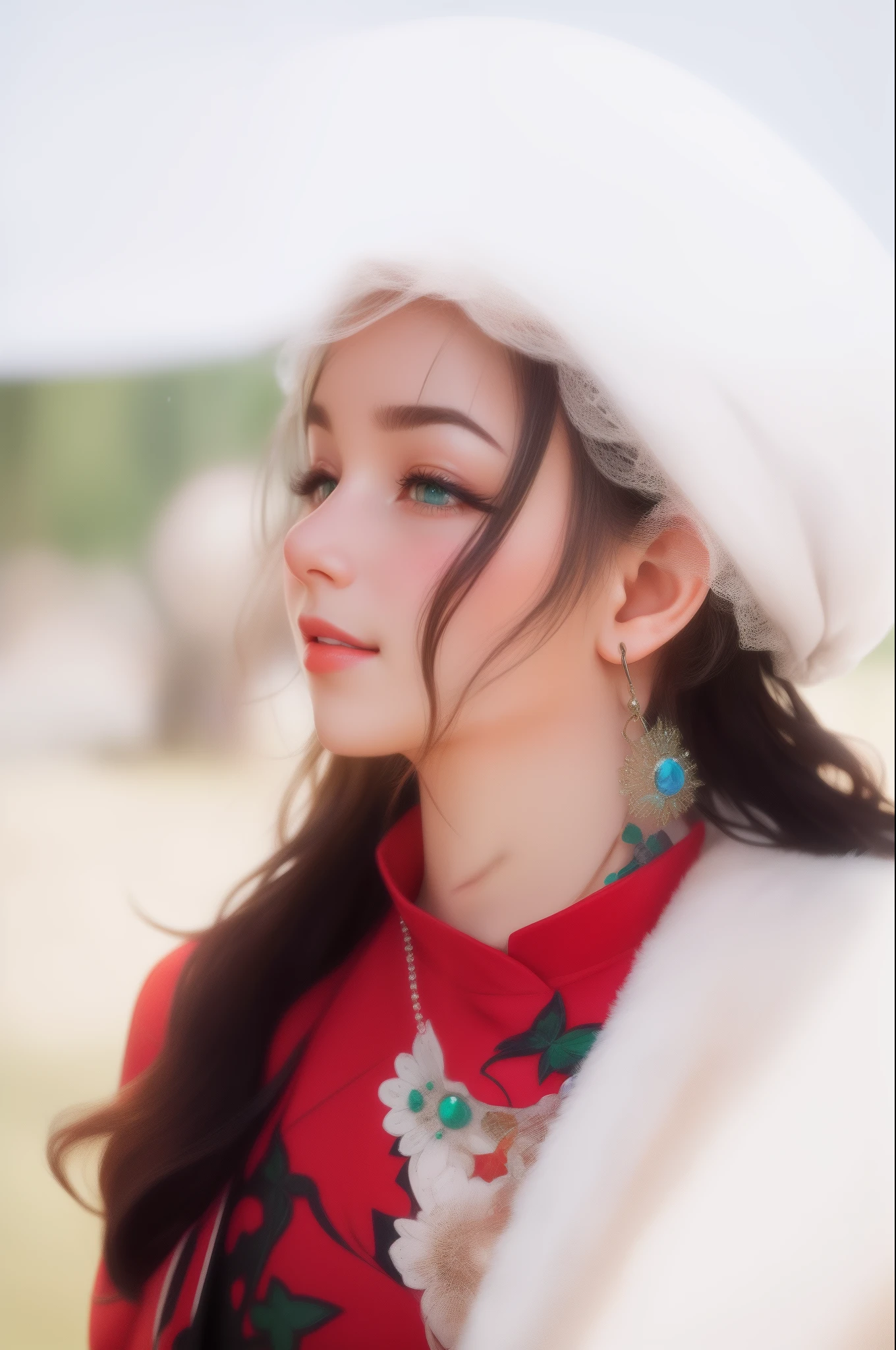 Realistic anime, Colorful Anime、the color of the dress or the color of the clothes is as advertised in professional magazines, Hair style metallic red or green nuggets, iridescent eyebrows, beautiful glitter, attractive curves, smiling shyly, dimpled cheeks, genuine, shy smile, dimpled cheeks, bright red lips, bright scene, background bokeh, candy green tree lines, white human skin, bright, realistic face, like a professional portrait, DSLR.