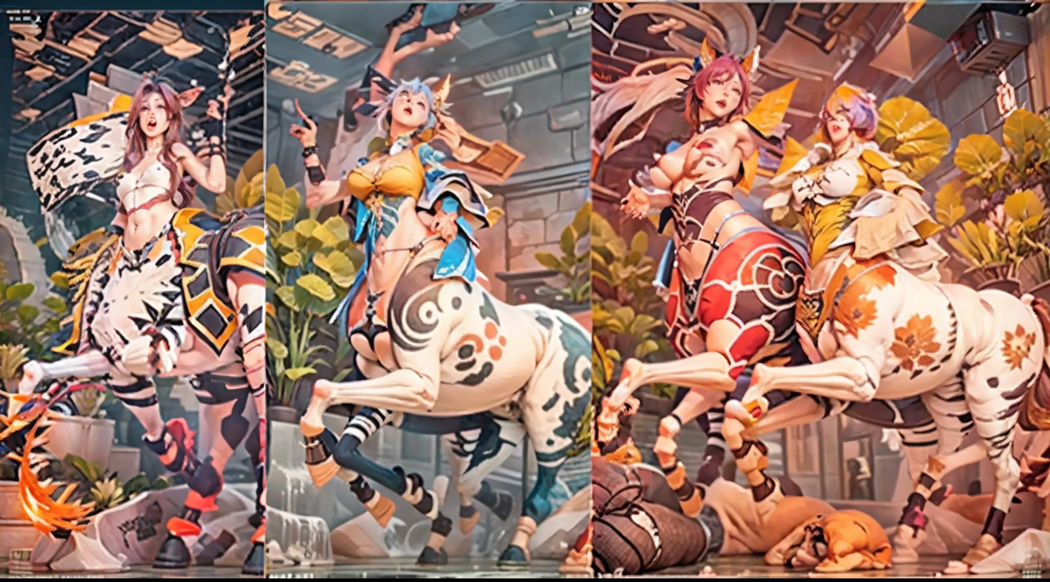 In the beautiful illustration of this super-grand scene,The ultra-long-range lens is shown(Eight unique centaur characters:9.9),They all have their own characteristics,Vivid and interesting。Radiant angelic centaurs from the heavenly realm,To the hellish centaurs surrounded by nightmarish flames,And then to the Wind Immortal Centaur dancing in the air,There are also one-horned centaurs surrounded by thunder and lightning,and mechanical centaurs that shine with metallic light,And then to the powerful dragon centaur with colored dragon scales covering the whole body,The elegant and agile elf centaur always wears a flower crown with its slender and graceful lines,Enchanting and charming Tiflin centaurs。Each character has their own unique charms and abilities。The illustration uses advanced artistic techniques and tools,(Divide the scene into sections by geometric arrangement:9.9),Each section corresponds to a centaur character,This makes more efficient use of space。Through Midjourney's advanced brush tools、Color palette、Material packs and model packs,Exquisite costumes and equipment are designed for each centaur,Enhances the character's personality and visual appeal。The scenery in the illustrations is stunning,There are changing skies、rainbowing、extreme light、Stars and Moon。Incorporating iconic landmarks such as Mount Everest,and fireworks、tranquil lake、Natural and urban elements of waves and neon lights,Creates a magical atmosphere。The centaurs showed off their skills and equipment in a variety of environments,This is true even in extreme alien landscapes。(Use Midjourney's tools、Material packs、Texture tools、The color palette makes depicting details vivid and realistic:9.9),From intricate hairstyles and clothing to authentic textures,Enhances the realism of the characters and surroundings。The fusion of multiple art styles adds movement to the centaur's movement at all angles,The overall visual experience is further enriched。The final illustration was described as a "mast