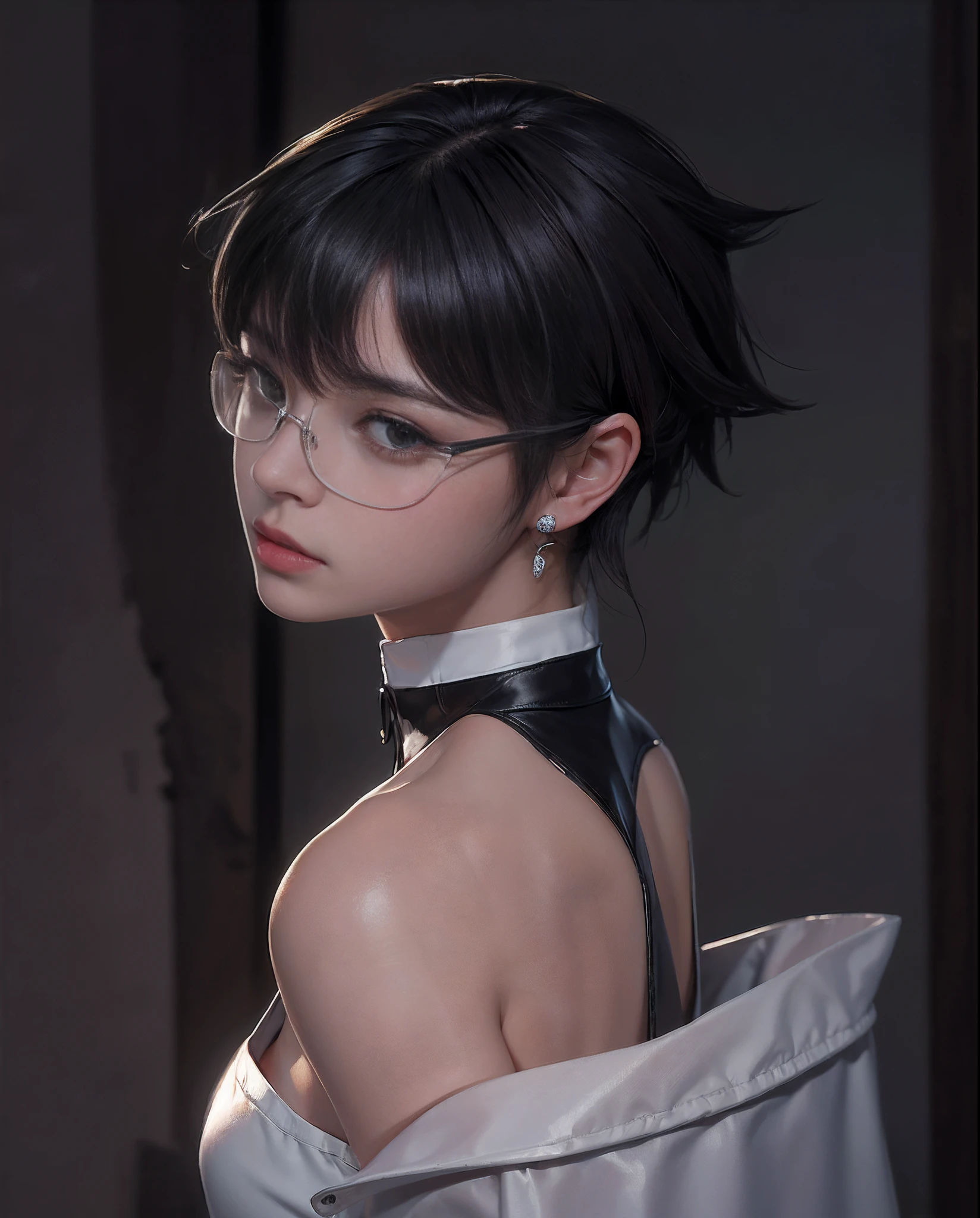 ((Ultra resolution 8K)), The Most Beautiful Woman, The most beautiful, cabello corto, hermoso rostro , rostro sexy, lentes, traje sexy, detail face, detail hair, detail eyes, detail glasses,best extreme detail skin, ultra detail texture, big breasets, large chest, realistic photography detailed,perfect anatomy