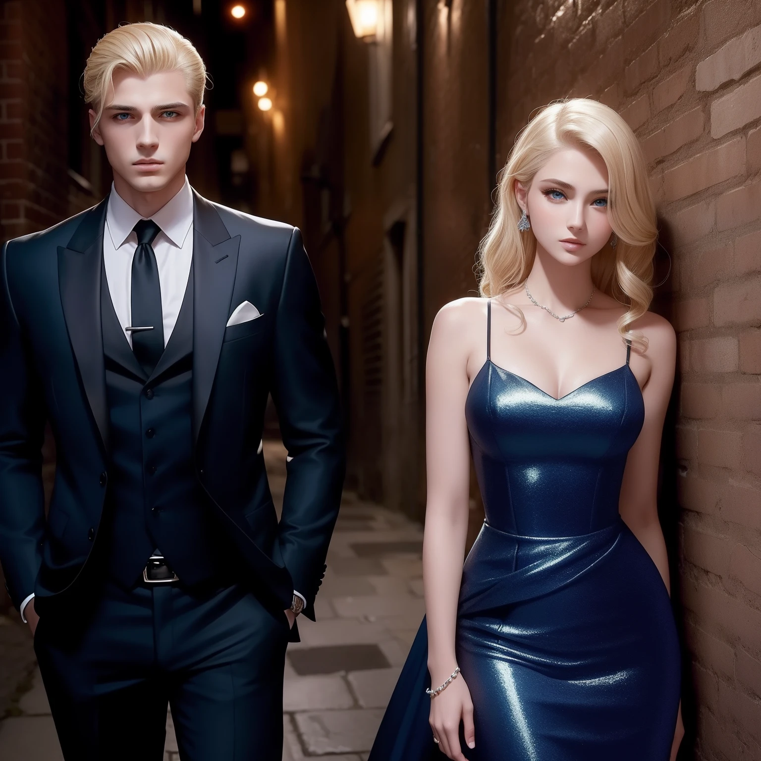 A young and gandsome mafia don in a sharp suit, his gorgeous young lady in a glamorous dress, standing in a dimly lit alleyway, blonde hair, blue eyes