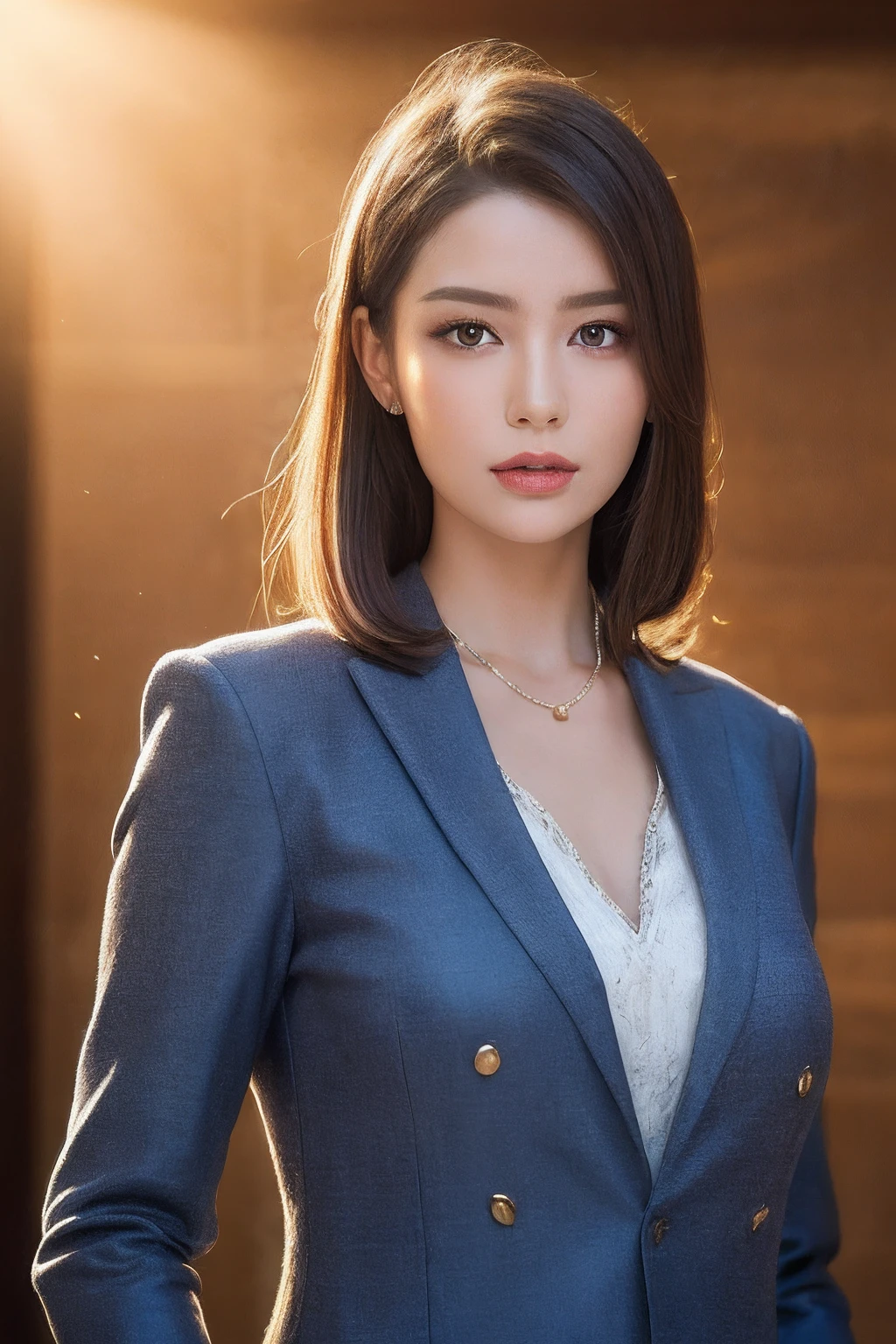 1girl,(wearing belt, belt buckle, black belt, buckle, cleavage, collarbone, jacket, long sleeves, office lady, pants, purple jacket, purple pants, wing collar, green collar:1.2),(RAW photo, best quality), (realistic, photo-realistic:1.4), masterpiece, an extremely delicate and beautiful, extremely detailed, 2k wallpaper, Amazing, finely detail, extremely detailed CG unity 8k wallpaper, ultra-detailed, highres, soft light, beautiful detailed girl, extremely detailed eyes and face, beautiful detailed nose, beautiful detailed eyes,cinematic lighting,at a park,city lights at night,perfect anatomy,slender body, close up,short hair,big breasts,smile