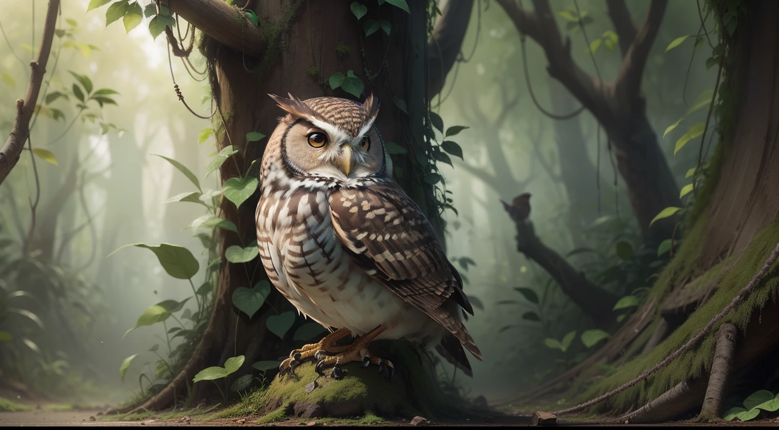 A small sparrow's efforts caught the eye of a wise owl, who offered guidance,in jungle ,cartoon style,