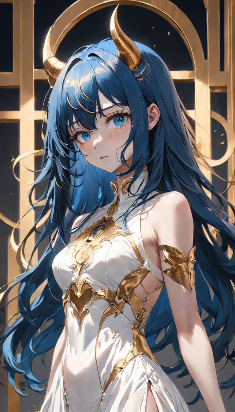 A girl with long blue hair in a white darkwave-style dress with golden details and a devil mask,Estilo Darkwave,retrato de medio cuerpo,centrado,HDR,8k,hiperrealista,hermoso estudio de luz suave,detalles vibrantes,Anatomical,elegante,foco nítido,Foto de estudio,tendencias en Artstation,hiper detallado,filtro polarizador