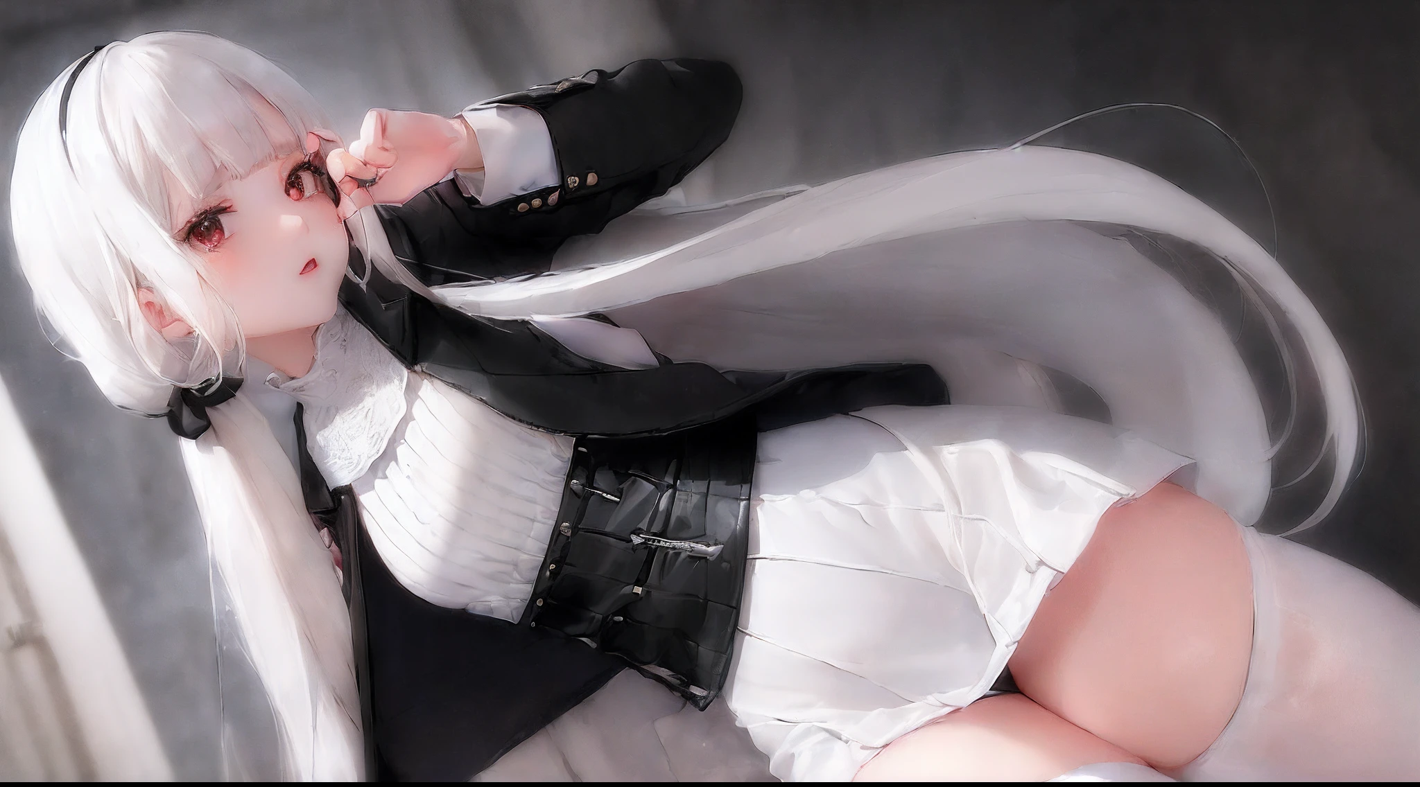 [monochromes:Subdued Color:0.6] theme, (masutepiece), (Best Quality), , Light Layer, Lustrous skin, (intricate-detail , taut clothes, ),  White hair, Long hair, hime-cut, Blunt bangs, side locks, Curly twin tails and quirky hair、Red Eyes, ,, (maturefemale:1.1),    (Simple background:1.1),(((((White blouses、tight skirts、Black Riders Jacket)))))、frontage、low angles、Front Angle、symmetry、large boob、Thick lip、Lustrous lips、
